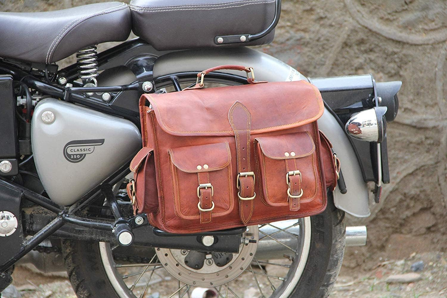 Saddle Bags Motorcycles Bike Powersports Accessories Road Bicycle 15 Inches Pair Leather Brown Scooter Panniers Saddlebags Water Rear Rack Bag for Tool Gear Pouch image number 4