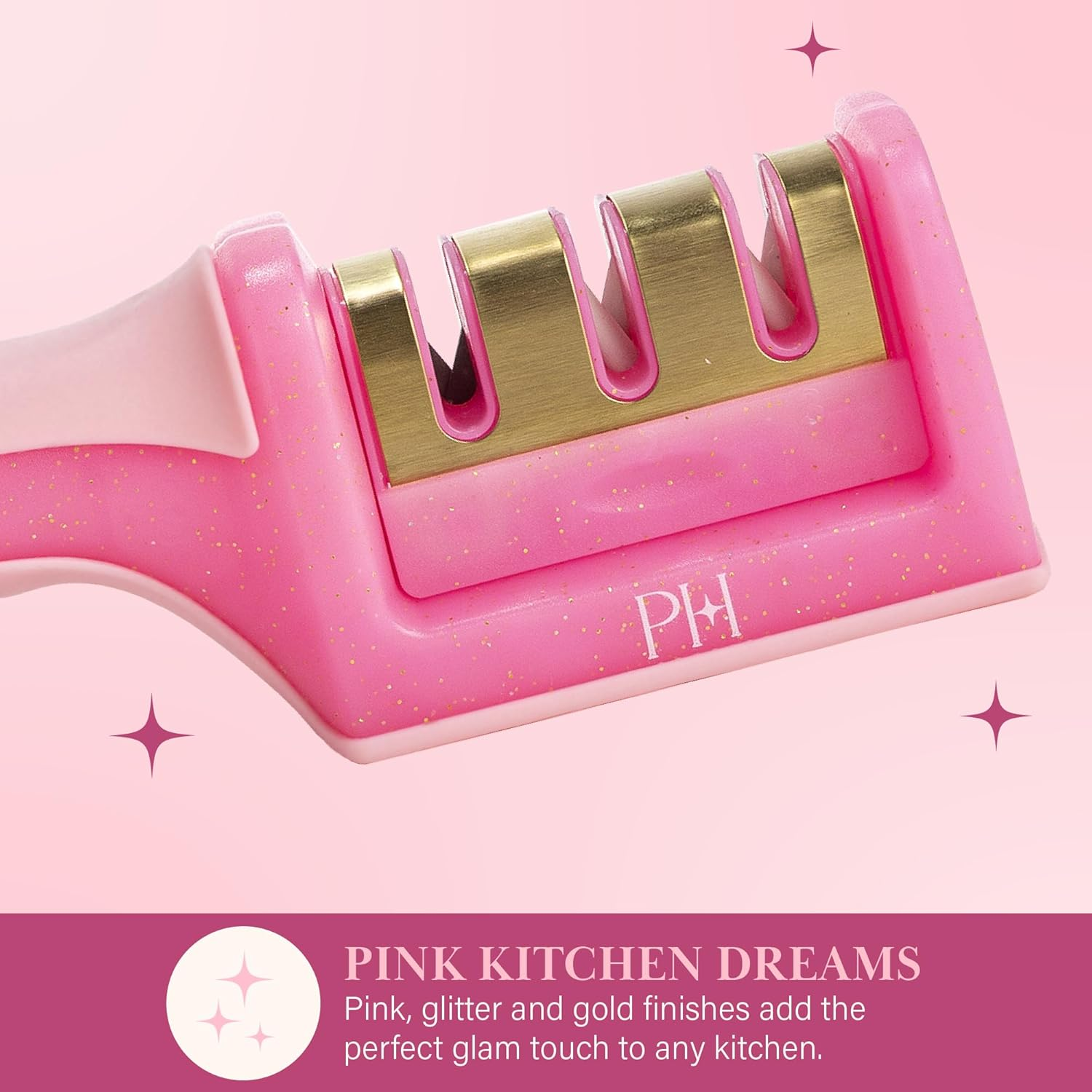 Paris Hilton 3-Stage Knife Sharpener, Professional Kitchen Knife Sharpener with Ergonomic Handle, Non-Slip Base, and Coarse, Medium, Fine Sharpening Stages, Pink image number 4