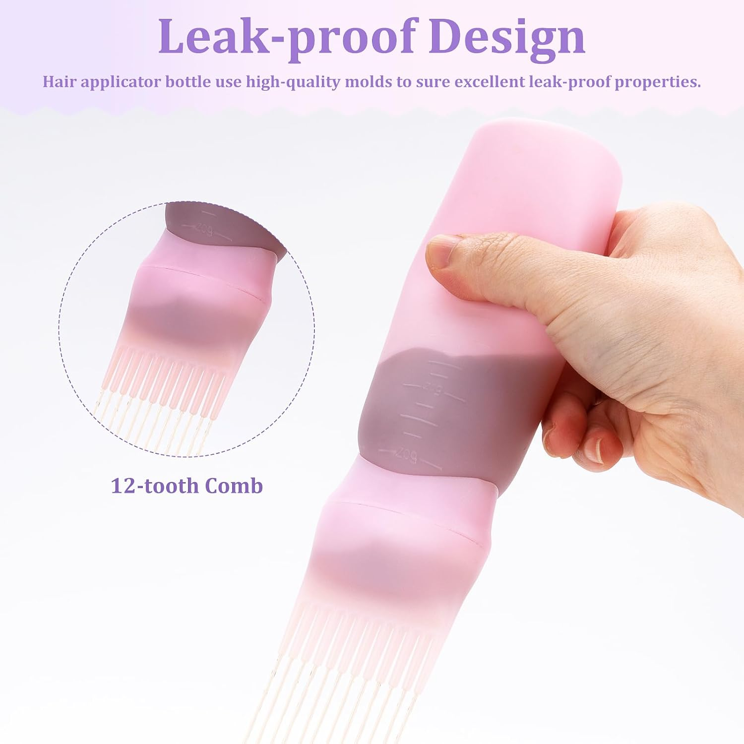 6PCS Large Capacity Root Comb Applicator Bottle, Hair Dye Brushroot Comb Squeeze Applicator Bottles for Hair Root Color with Graduated Scale(Color:Pink White Purple) image number 2