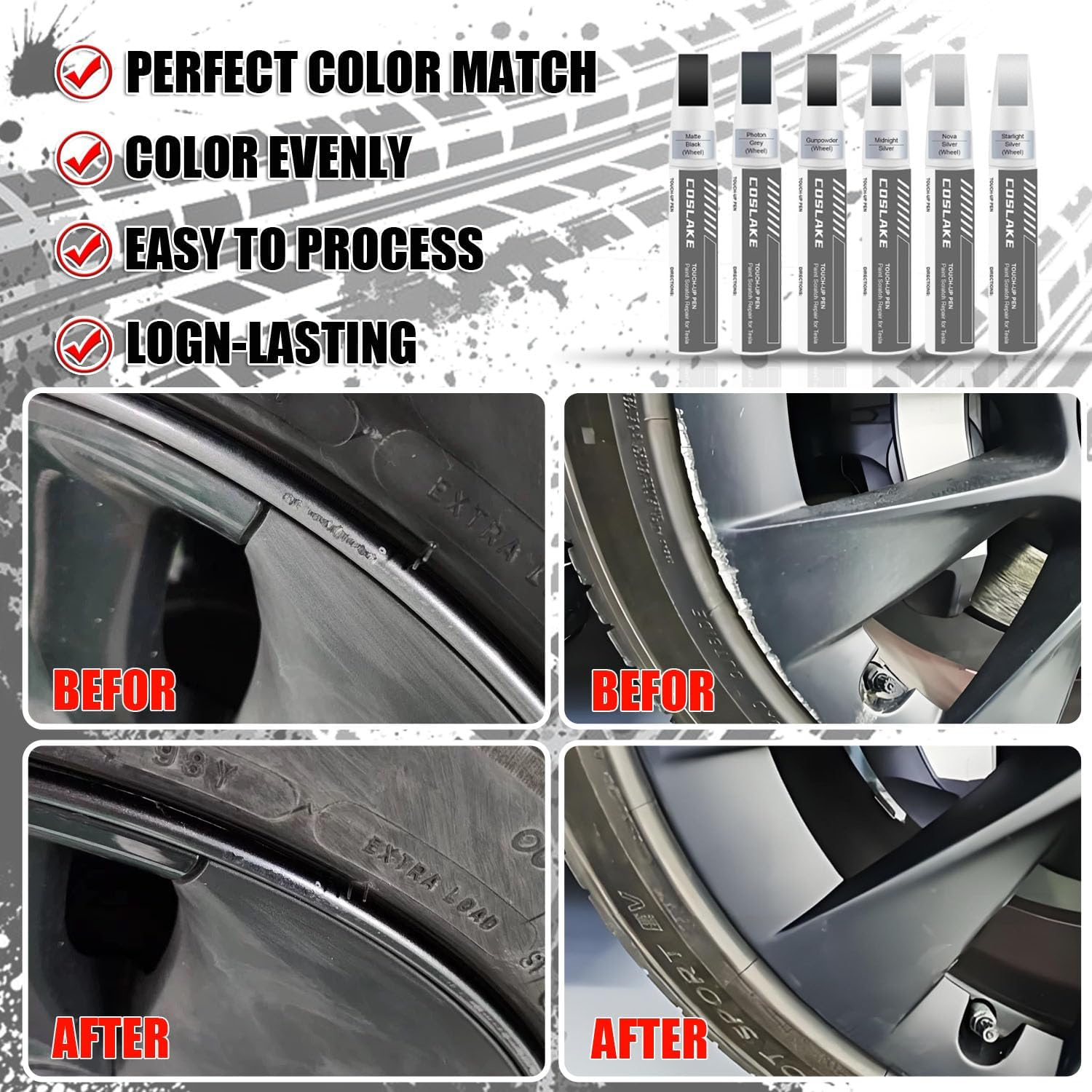 COSLAKE Rim Touch up Paint(Nova Silver) for 2024 Tesla Model 3 Highland 19'' Nova Wheel, Curb Rash Repair Rim Scratch Repair with Masking Tape & Sandpaper image number 6