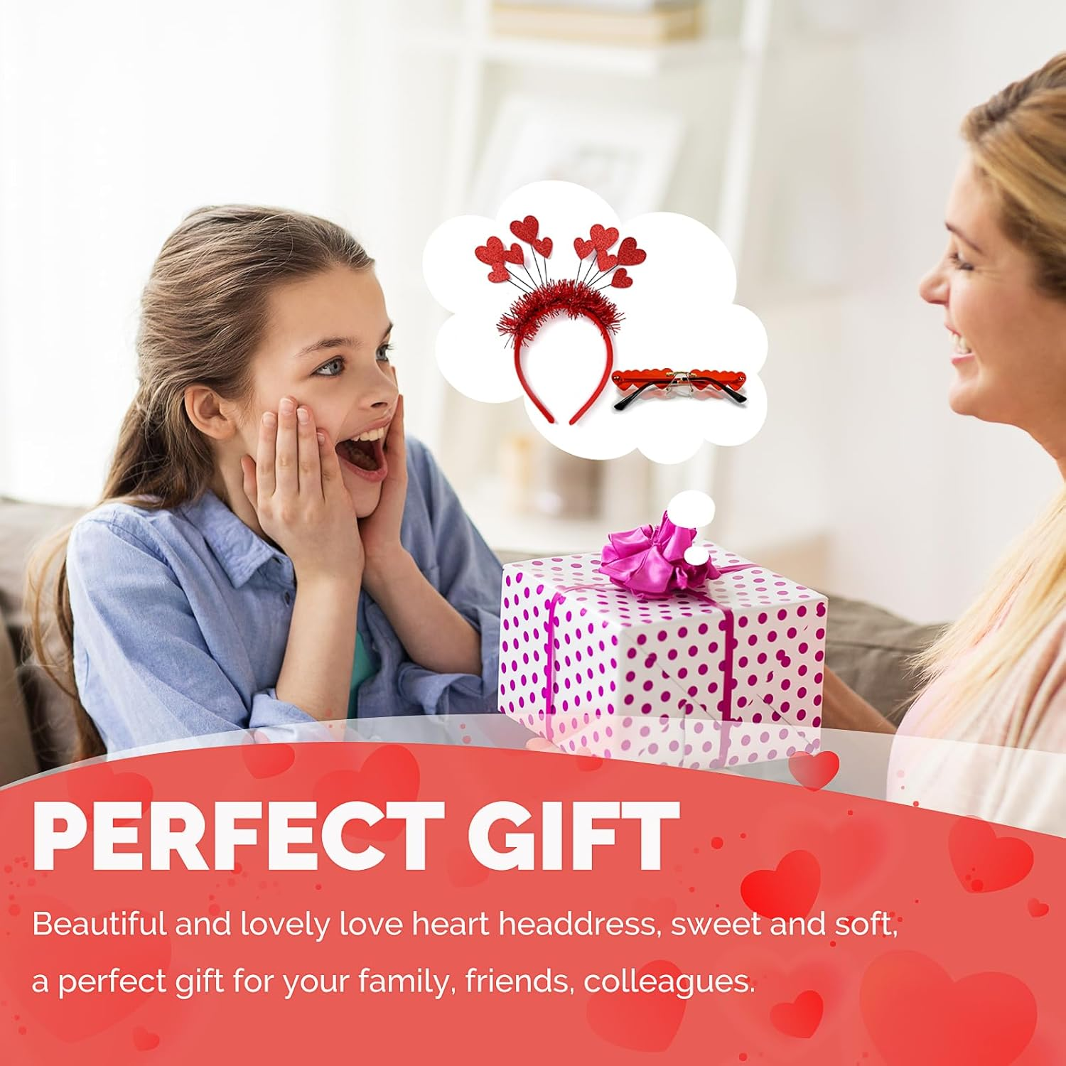 HXUING Heart Headband Glitter with Heart Shape Glasses, Heart-Shaped Headband, Heart Headband, Red Sequins, Heart Headband, Party Glasses, Hair Bands, Hair Accessories for Valentine'S Day, Wedding, image number 2