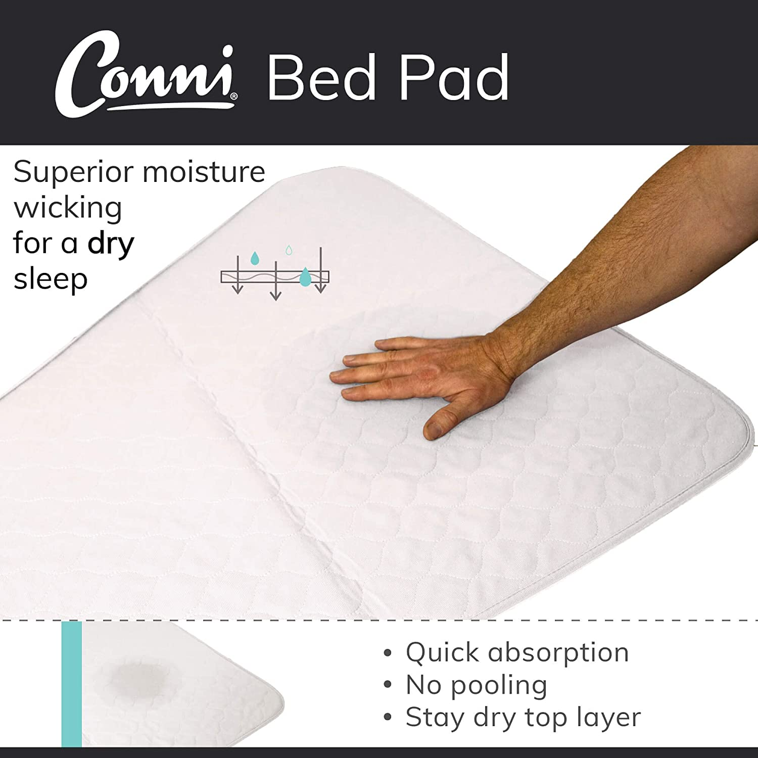 Conni X-Wide Reusable Bed Pad with Tuck-Ins, Absorbent, Waterproof and Washable Protector Pad for Incontinence, Bed Wetting and Perspiration, White, 153 X 85 Cm - Charcoal image number 7