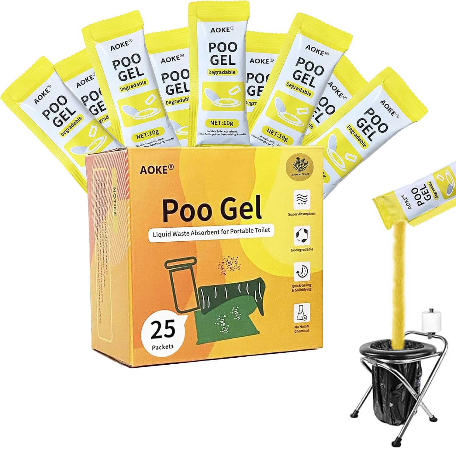 AOKE Portable Toilet Absorbent Gel Powder - Lemon 25 Pack Poo Deodorizing Treatment for Outdoor Camping and Hiking