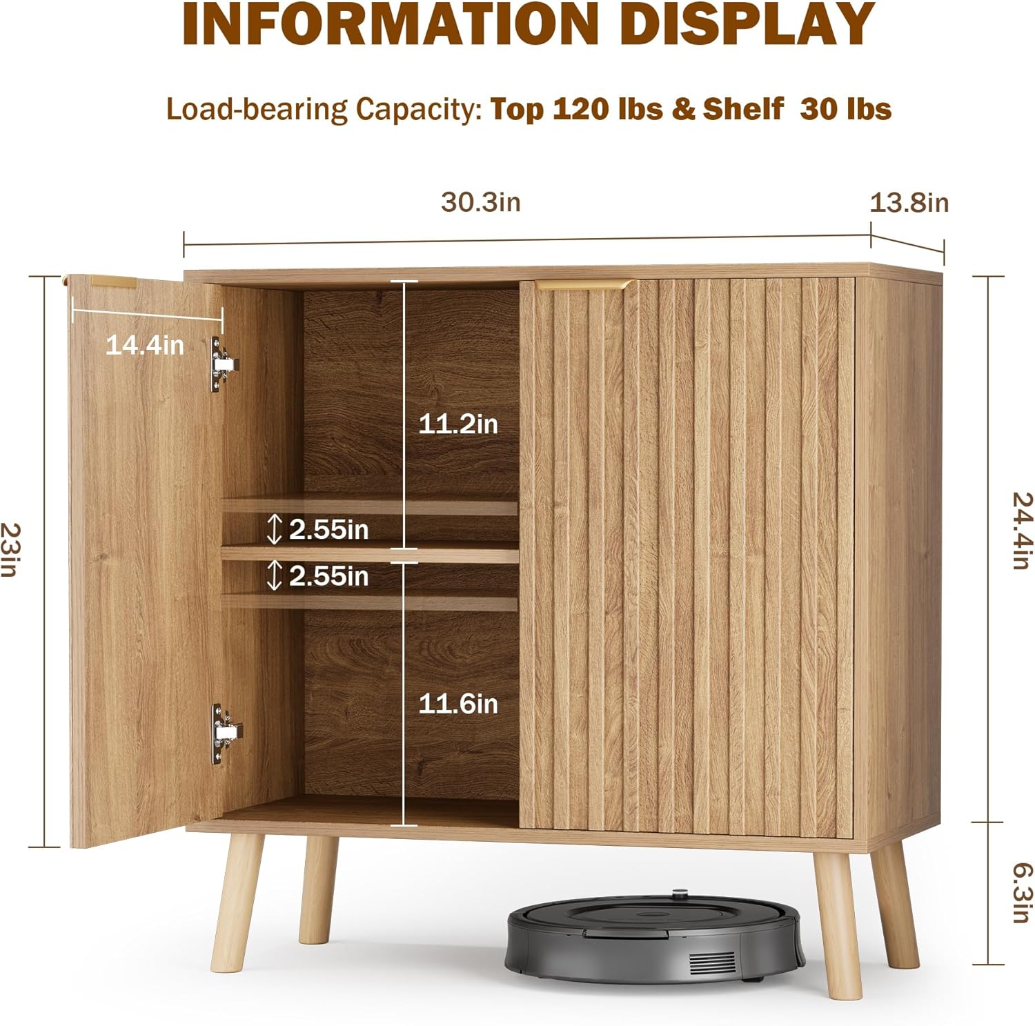 Patiopia Fluted Storage Cabinet, Buffet Cabinet with Storage, Sideboard Buffet, Multifunctional Credenza, Wood Sideboard with Adjustable Shelves, Natural image number 3