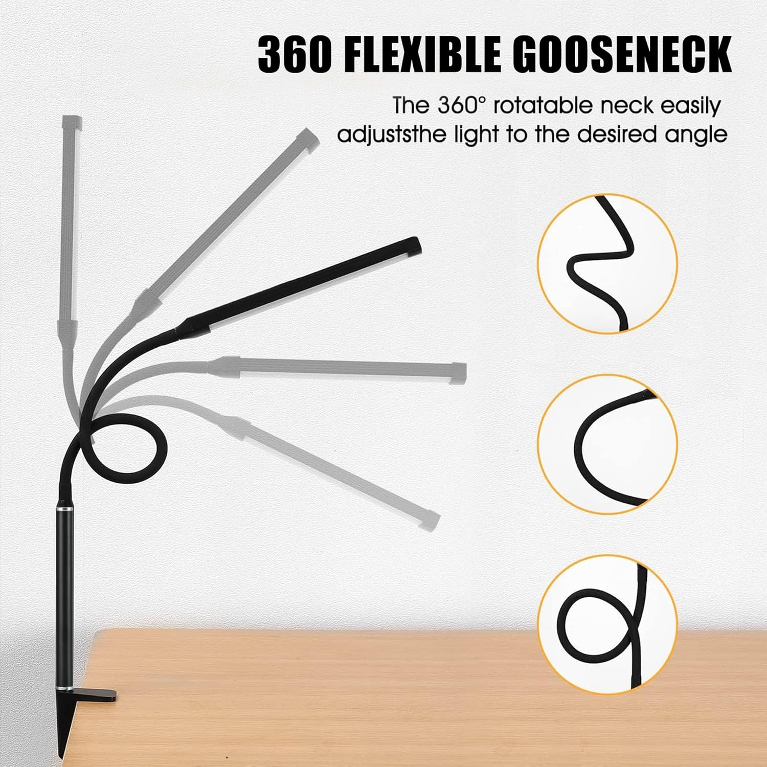 YOUYICI LED Desk Lamp with Clamp, Eye-Caring Clip Lights for Home Office, 3 Colors Stepless Dimming, Flexible Gooseneck Table Lamp with USB Adapter for Reading Working Workbench Drawing Gaming (Black) - Black image number 6