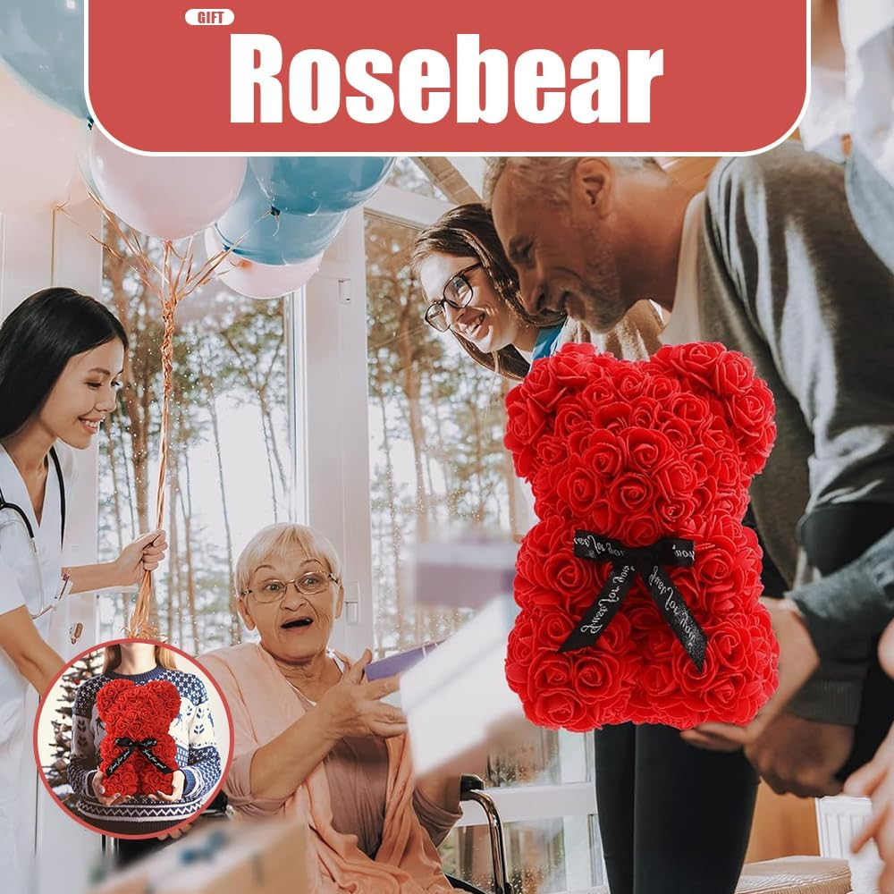 Flowers Rose Bear,Handmade Diype Flower Bears,Mothers Day for Mom Grandma on Mothers, Everlasting Flower for Window Display,For Mother'S Day,25X16X16 CM (Red) image number 2