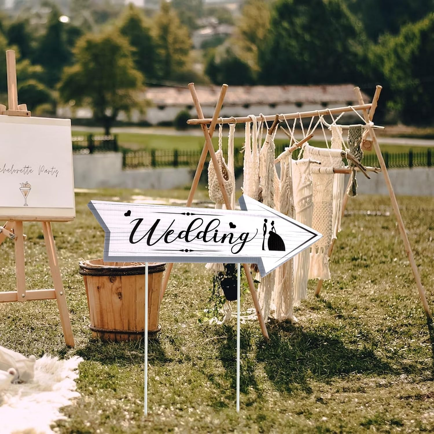 4Pcs Wedding Directional Road Sign, 17X6 Inch Wedding Yard Signs with Stakes Double-Side Printed Yard Sign Arrow Waterproof Wedding Signs for Ceremony & Reception Outdoor Road Signs image number 3