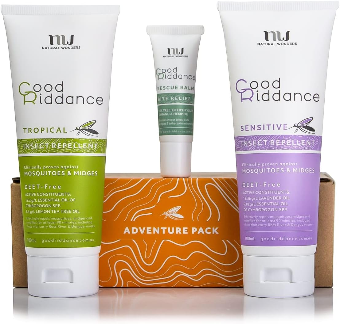 Good Riddance Adventure Pack - Australia'S Favourite Mosquito Repellent Pack - Includes Tropical Insect Repellent 100Ml, Sensitive Insect Repellent 100Ml, and Rescue Balm 10G image number 1