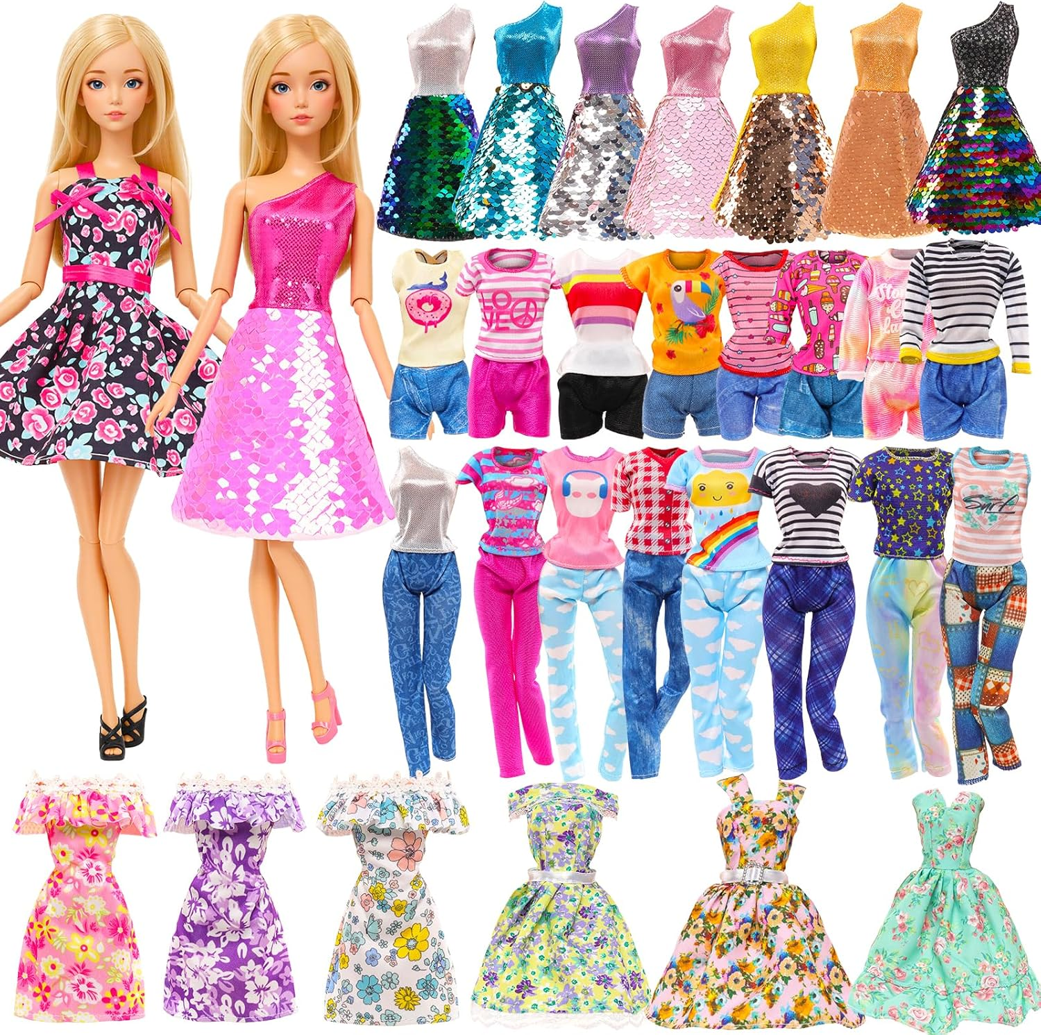 BARWA 10 Sets Doll Clothes Including 3 Sequins Dresses 3 Fashion Floral Dresses 4 Casual Outfits Tops and Pants for 11.5 Inch Girl Dolls image number 6