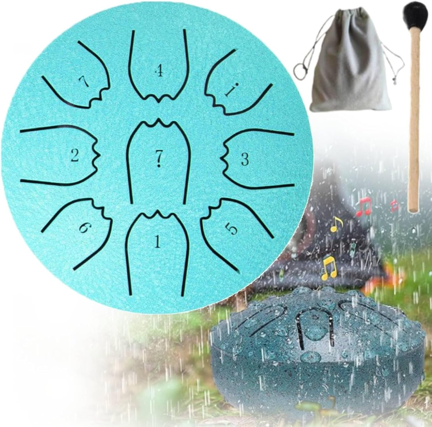Rain Drum for outside Garden, 4 Inches 9 Notes Steel Tongue Chakra Drum Rain Chime Waterproof Musical Instrument for Garden, Mini Handpan Chakra Drum for Meditation, Yoga, Outdoor Relaxation (Blue)