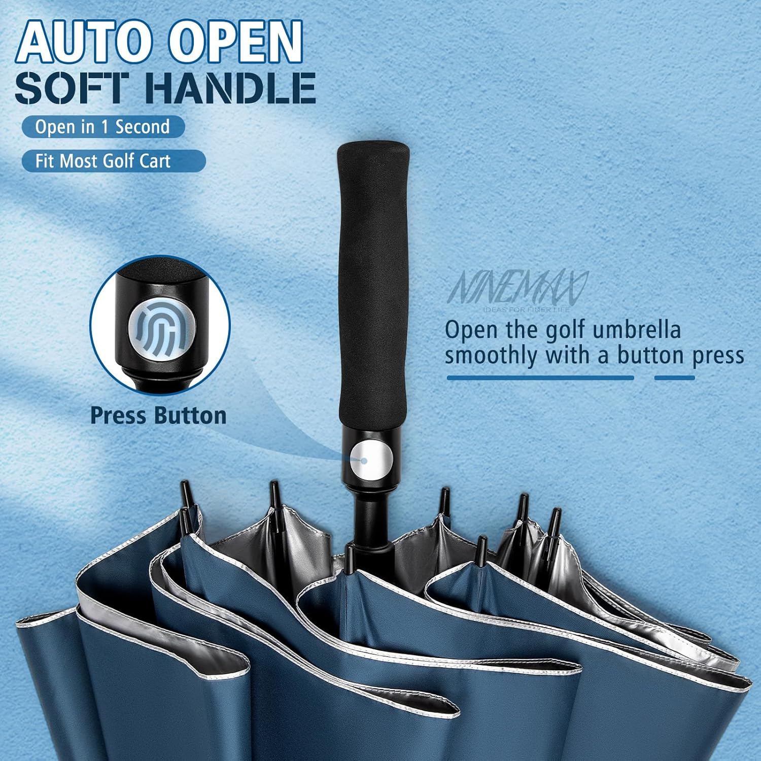 NINEMAX UV Golf Umbrella for Sun Protection 62/68 Inch, Large Sun Umbrella Windproof and Rainproof Strong UPF 50+, Reflective Golfing Brolly Double Canopy Heavy Duty for Men Women