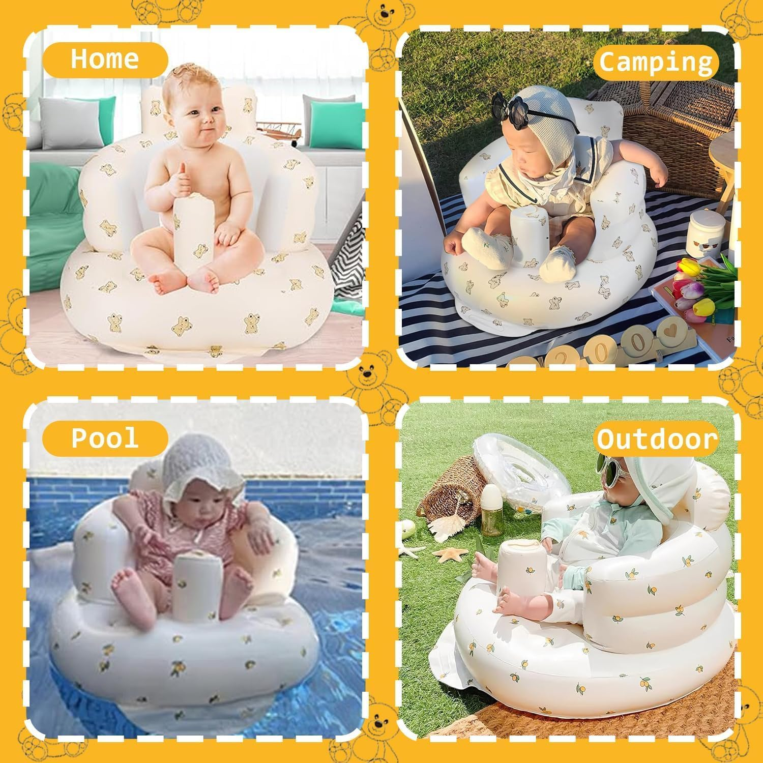Inflatable Baby Chairs, Inflatable Baby Seats for Infants 3 Months and Older, Baby Floor Seats for Sit Up, Portable Baby Floor Seats, Baby Seats for Family and Travel, Thickened Version, Little Bear image number 6