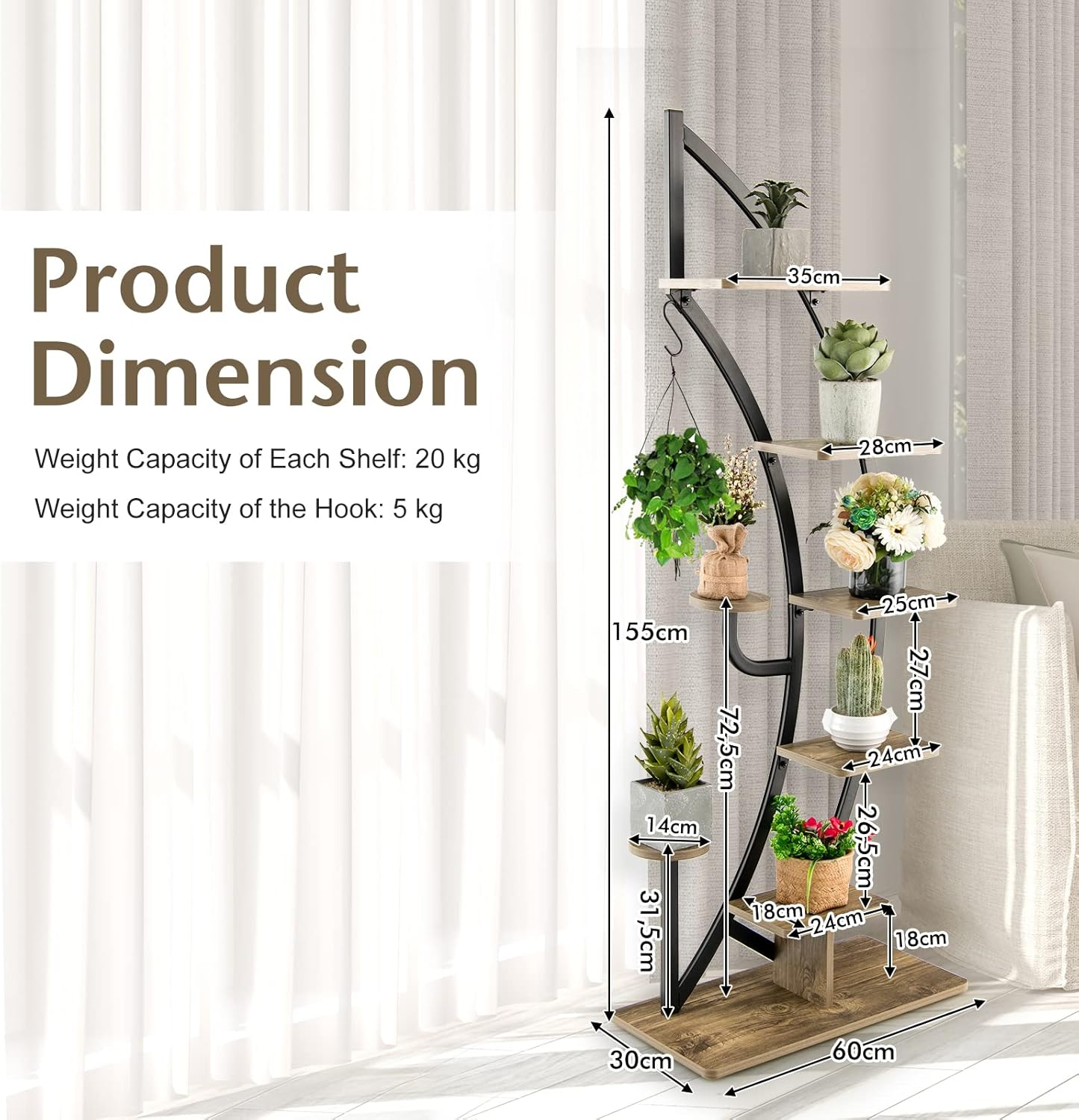 Costway 6-Tier Tall Metal Plant Stand Rack, Curved Half Moon Shape Ladder Planter Shelf W/ Top Hook, Anti-Toppling Device, Modern Flower Pot Holder, Indoor Metal Flower Shelf for Balcony, Living Room