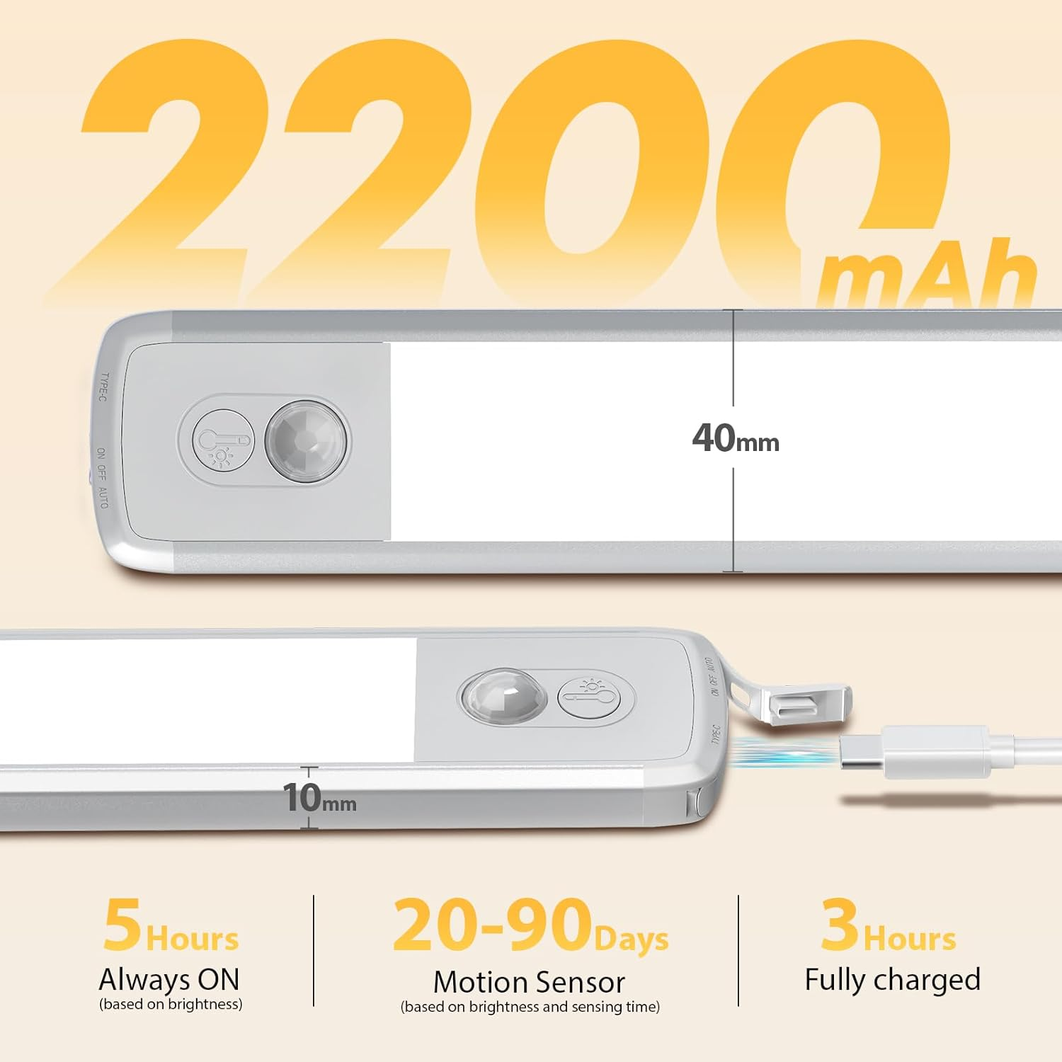 TANSOOL+ Cabinet Lighting LED Lamp with Motion Sensor Indoor - 3 Colour Modes Dimmable USB-C Cabinet Light Under-Unit Light Kitchen Light for Kitchen, Stairs, Cupboard - 30 Cm, Pack of 2 image number 1