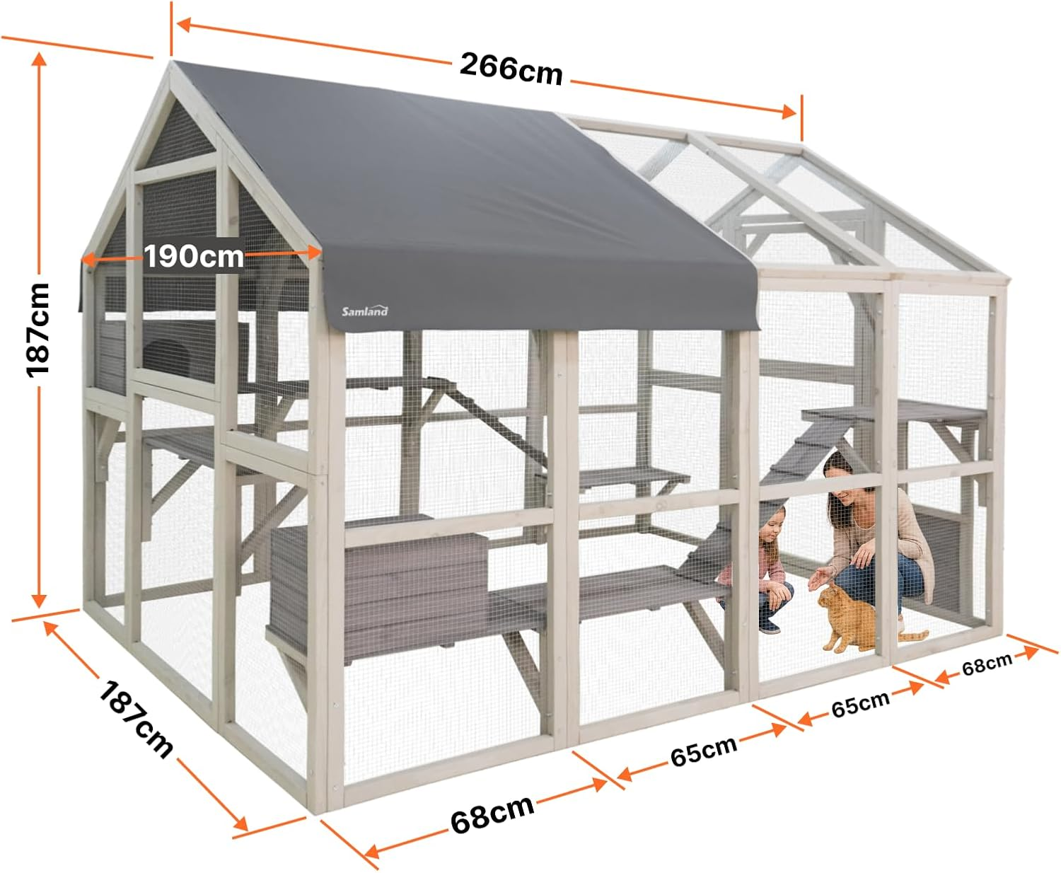 Samland Large Outdoor Wooden Cat Enclosure Catio, Large Cat House and Playpen with Platforms, Ramps, Weatherproof Roof, Walk-In Door and Side Access for Multiple Cats image number 6