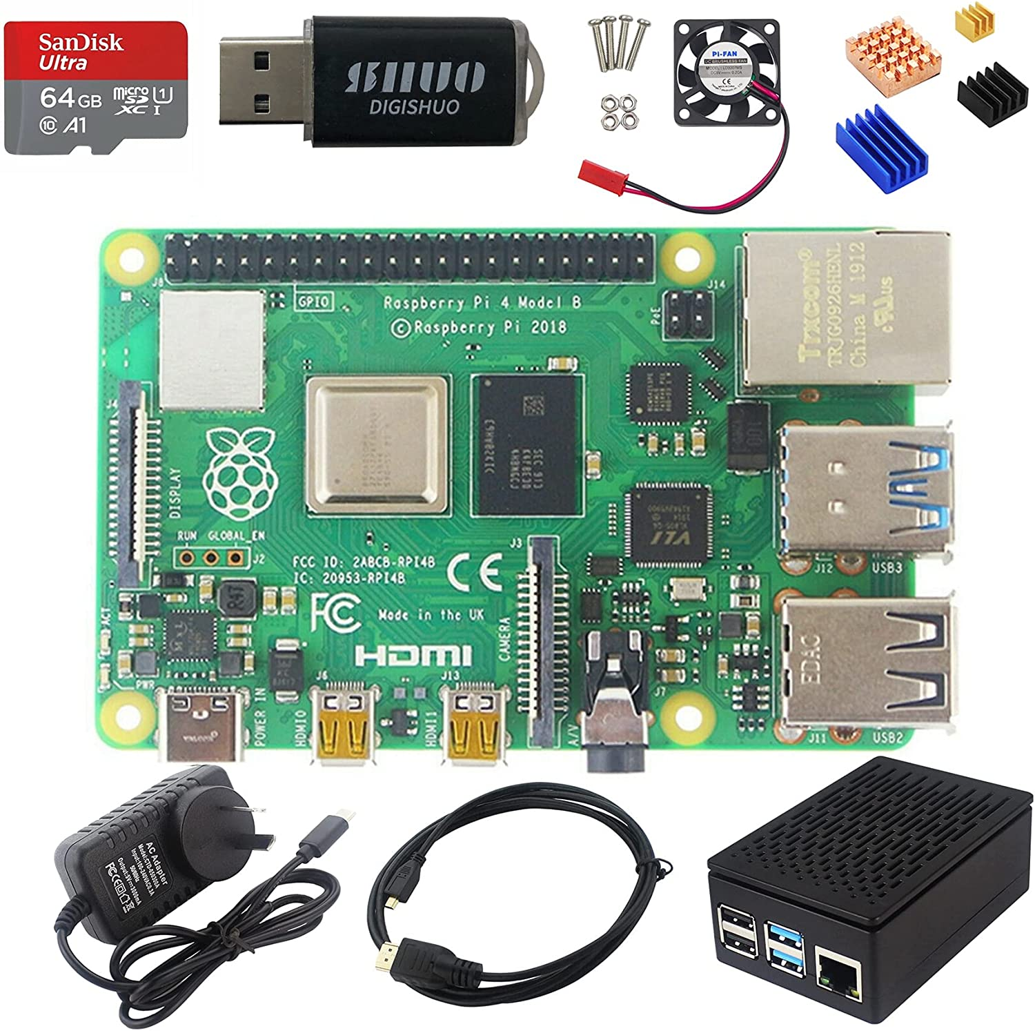 DIGISHUO Raspberry Pi 4B Model B 2/4/8GB RAM DIY Kit Case Fan SD Card Micro-Sd HDMI (4G Module 8 in 1 Kit)