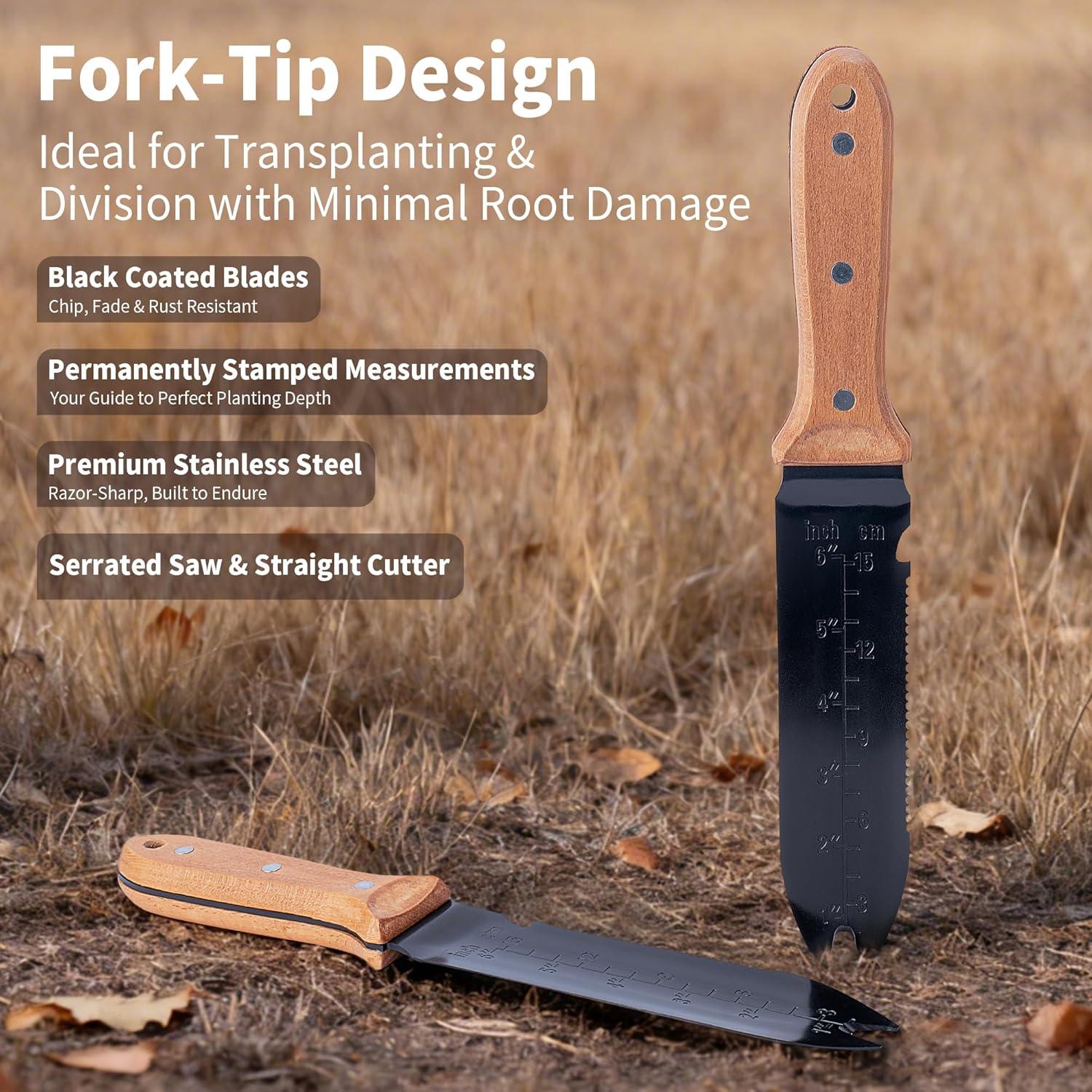 WILLKOMMEN Hori Hori Garden Knife- Garden Tools with Oxford Cloth Sheath, 7" Stainless Steel Blade,Full Tang Beechwood Handle, Ideal for Transplanting, Division, Weeding & Root Care (Forked Tip) image number 4