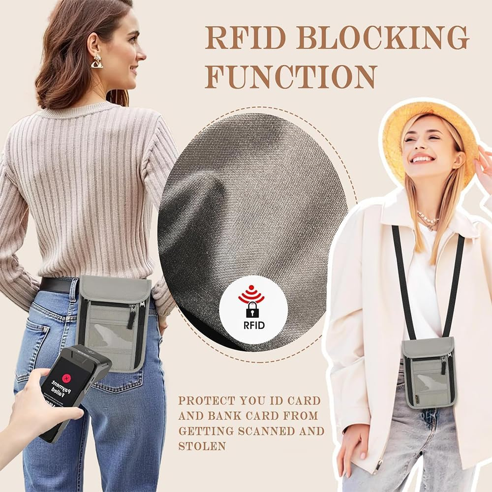RUTREZOGO Travel Neck Bag Passport Holder with Adjustable Strap, Unisex Lightweight Document Organizer with Zipper for Cash, Credit Cards, and Travel Essentials (Light Gray) image number 5