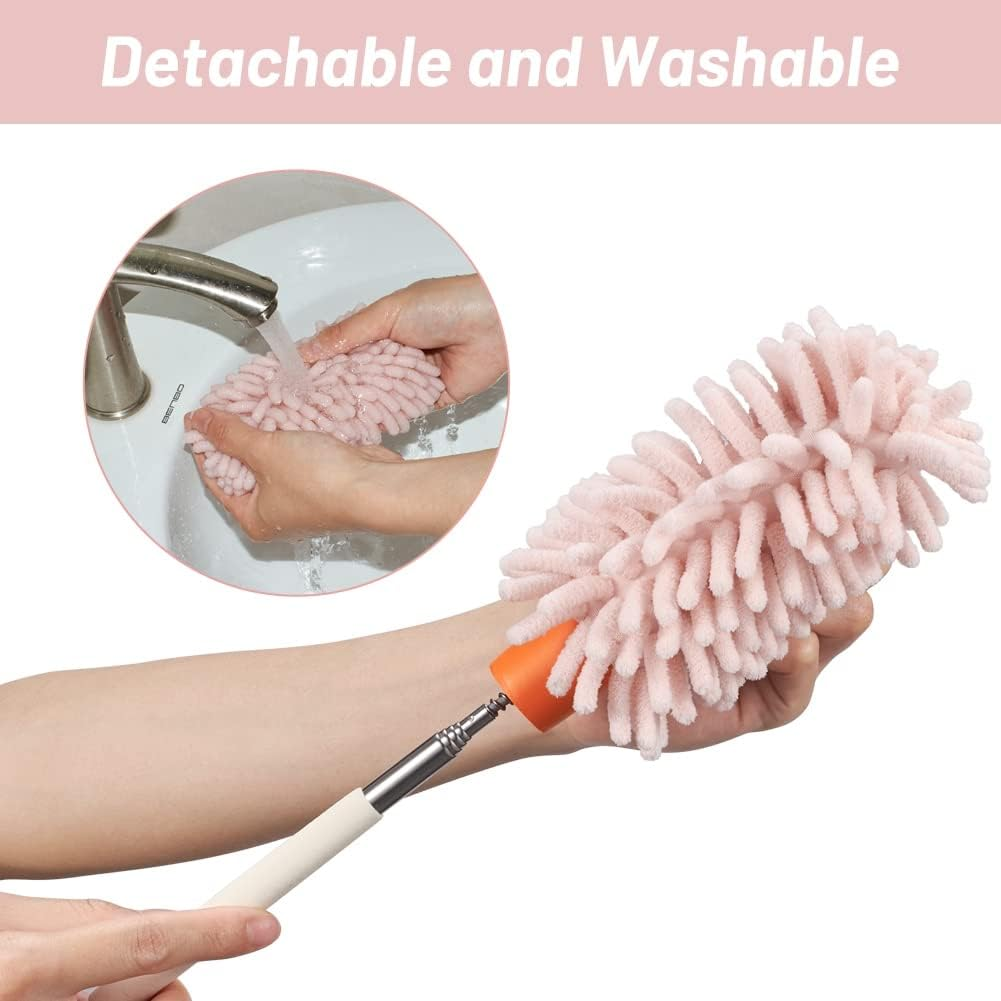 Aumohall Pink Retractable Microfiber Duster for Cleaning Extendable Feather Duster Household Cleaning Tool for Cleaning Car, Office, Window, Furniture - Pink image number 5