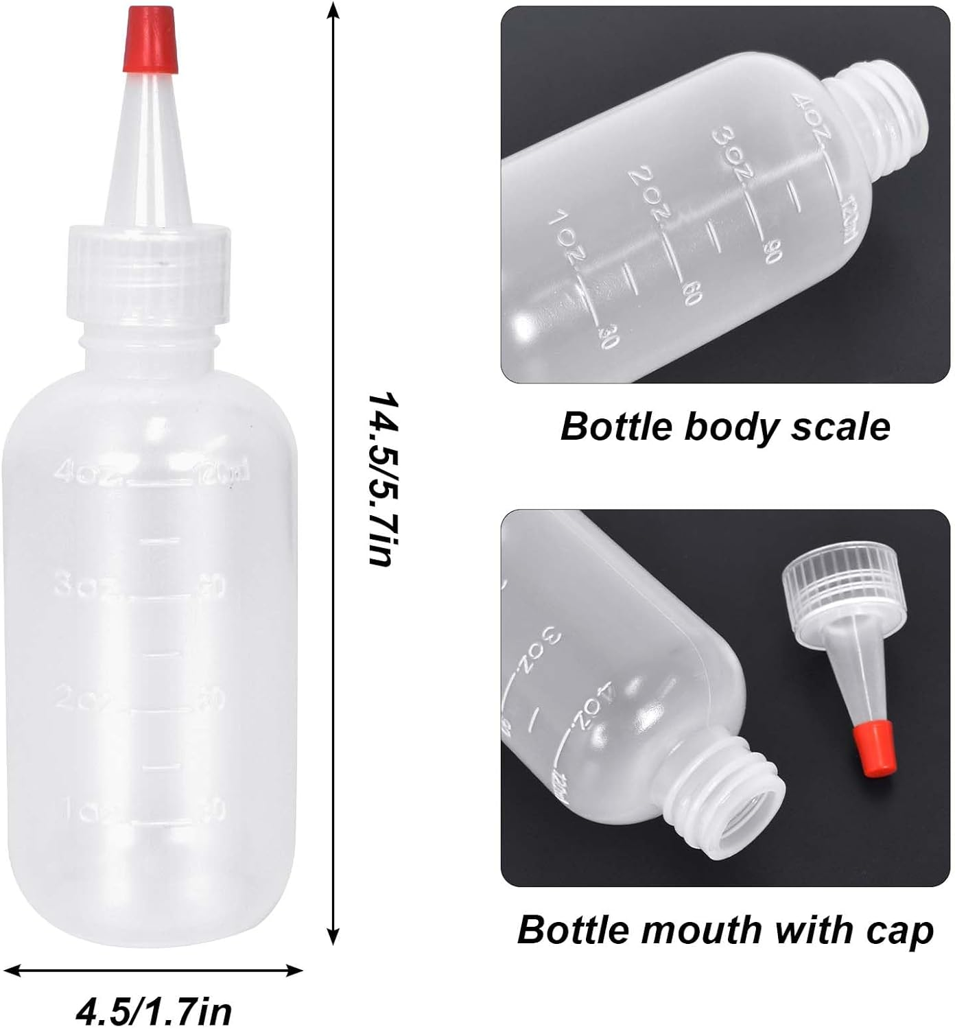 Pack of 2 Applicator Bottles with Tip, 120 Ml / 4 Oz Squeeze Bottle Transparent with Graduated, Plastic Hair Dye Bottles, Plastic Squeeze Bottle for Glue, Crafts, Salon Hair Care (120 Ml)