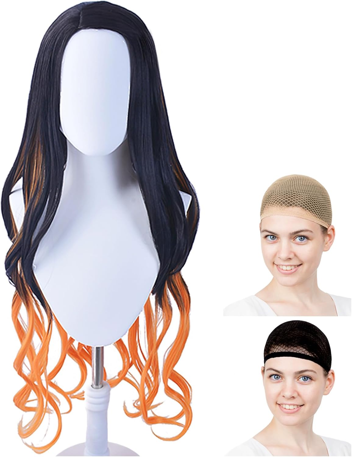 Caseeden WIG5508 Cosplay Wig, Nezuko Kamado, Long, Black, Orange, White Merce Wig Net, Set of 2 image number 1