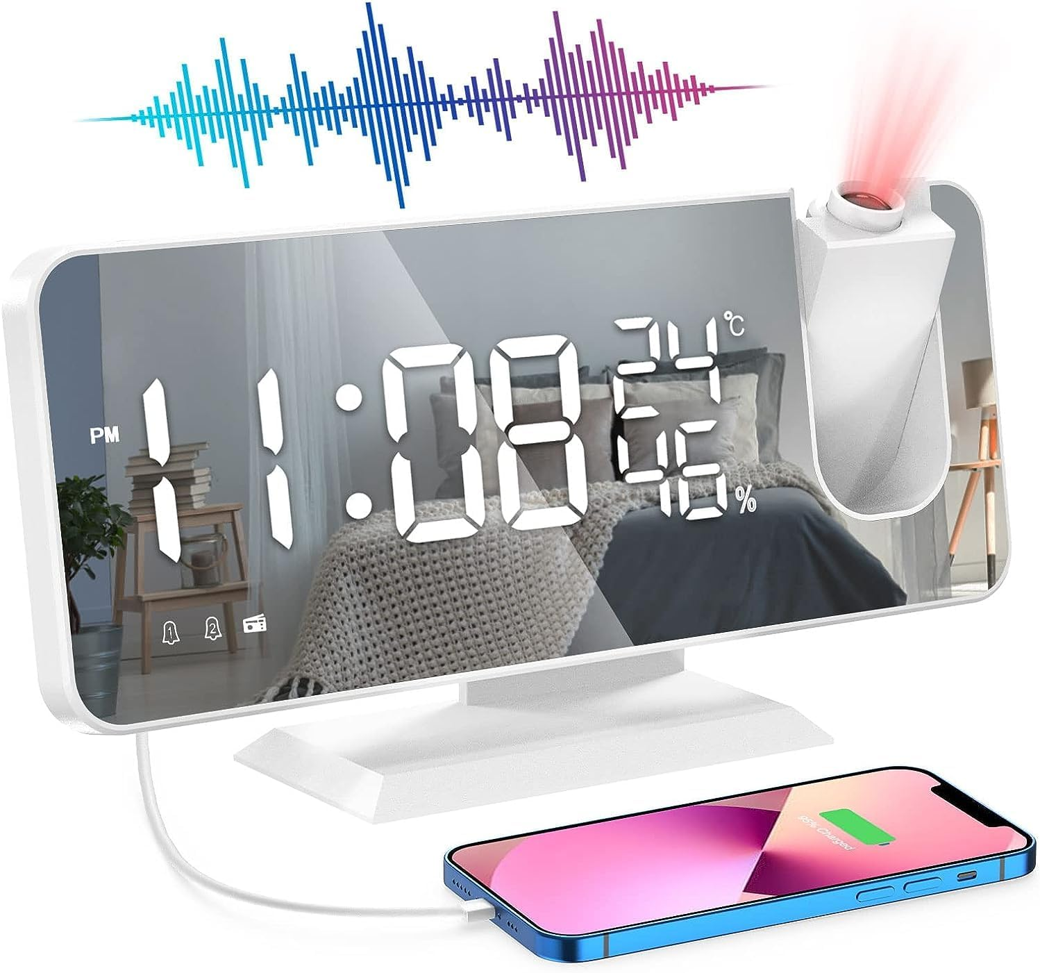 Projection Digital Alarm Clock for Bedroom, Beedove FM Radio Alarm Clock, Dual Alarm Clock with 3 Dimmer,Snooze,Timer,180&deg;Rotatable Ceiling Projection Alarm Clock for Home Decor, Desk, Office, White