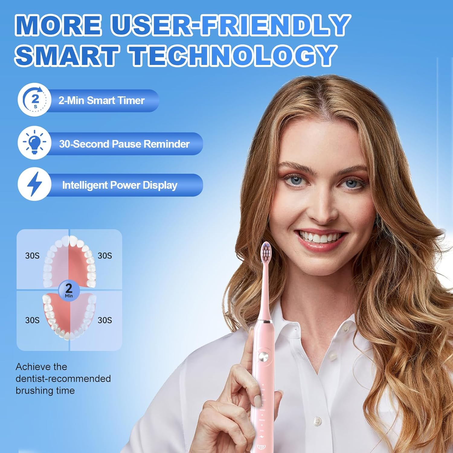 JTF Sonic Electric Toothbrushes for Adults，6 Brush Heads, 5 Modes, 60-Day Battery, Ipx7 Waterproof, 2 Mins Smart Timer, Toothbrush Holder, Travel Case, Portable Rechargeable Toothbrush，Pink image number 2