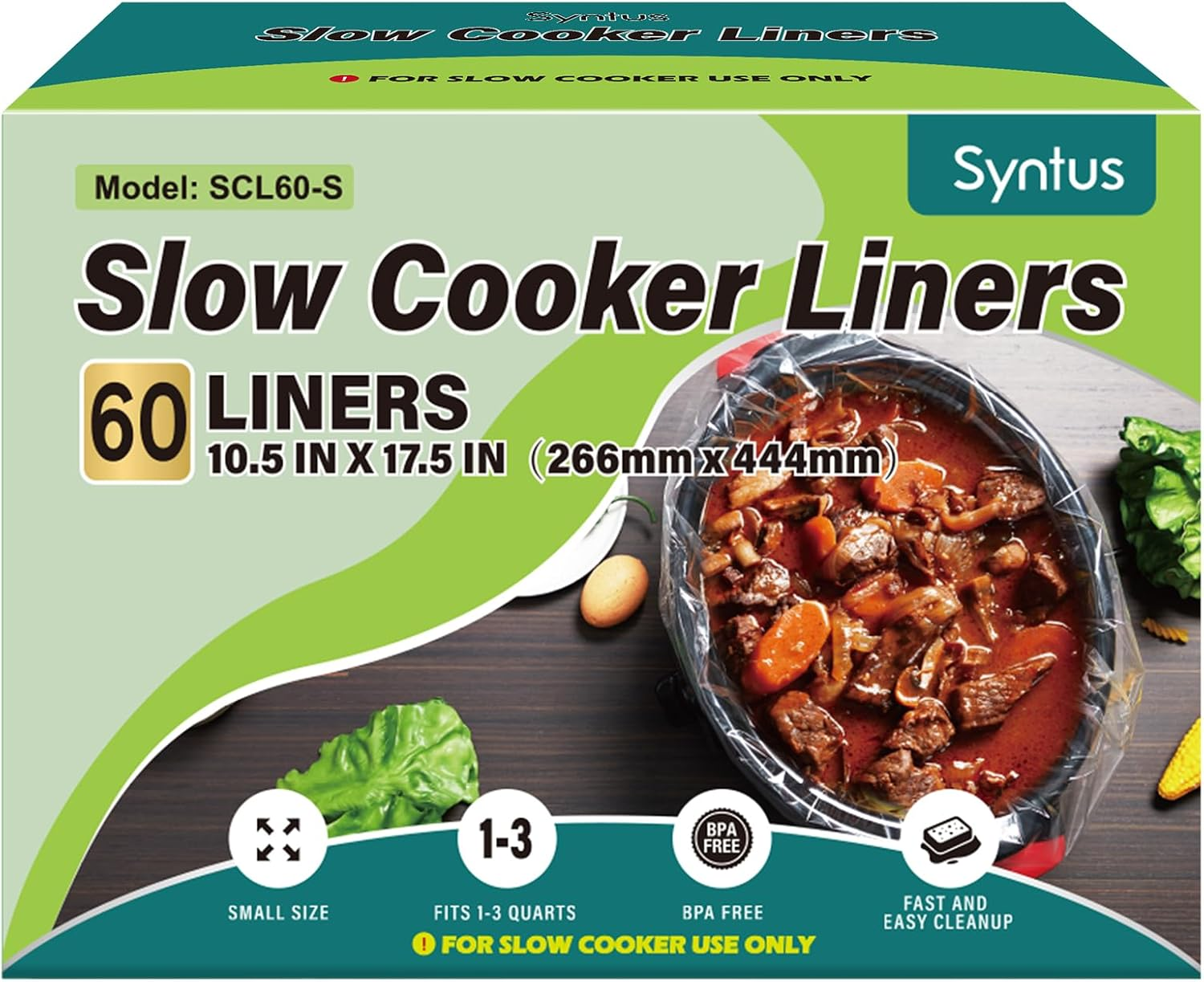 Syntus Slow Cooker Liners, 60 Count Cooking Bags Small Size Disposable Pot Liners Plastic Bags, Fit 1QT to 3QT for Slow Cooker Cooking Trays, 10.5"X 17.5", 60 Liners image number 1
