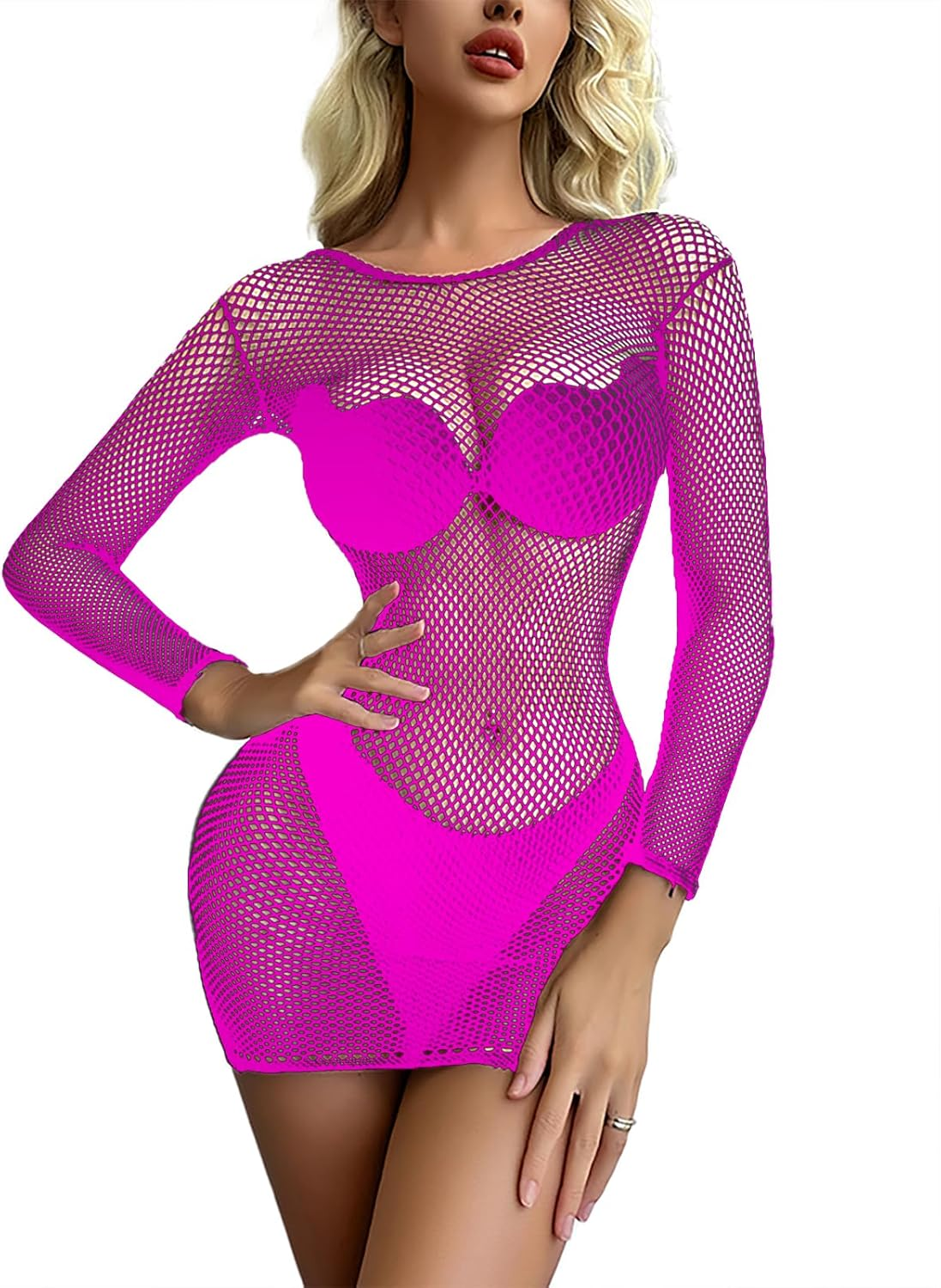 Women'S Fishnet Beach Cover up Long Sleeve Crew Neck Mesh Dress Tops Holiday Party Rave Outfits