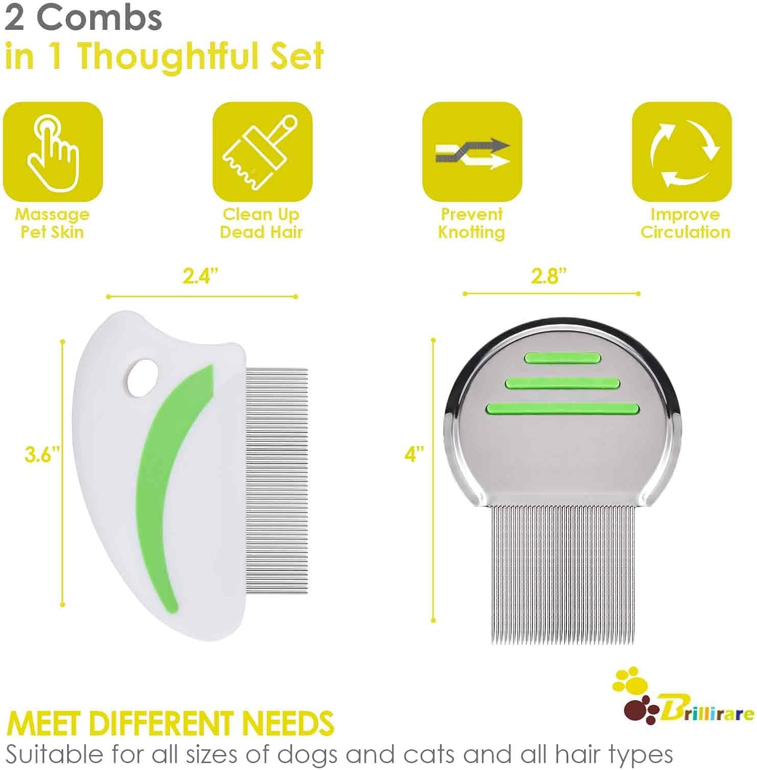 Brillirare 2 Pack Flea Lice Comb, Stainless Steel Dog Cat Grooming Combs with Rounded Teeth, Long-Tooth Professional Pet Tear Stain Remover, Dematting Tool for Small, Medium & Large Pets image number 2