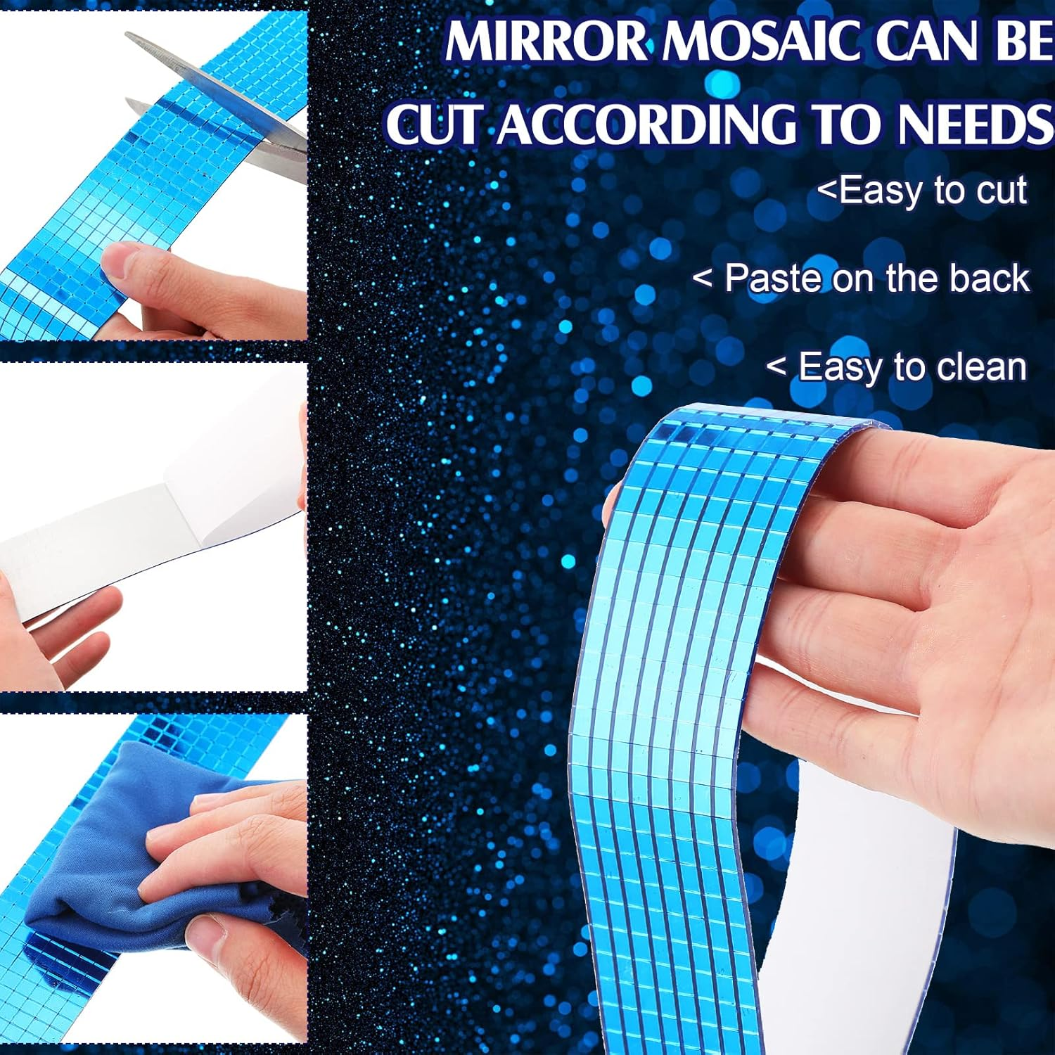 Queekay 4800 Pcs Disco Ball Self Adhesive Mirror Mosaic Tiles Glass 5 X 5 Mm Mini Disco Tiles Stickers Tape for Crafts Small Square Mirror for DIY Decoration(Blue)