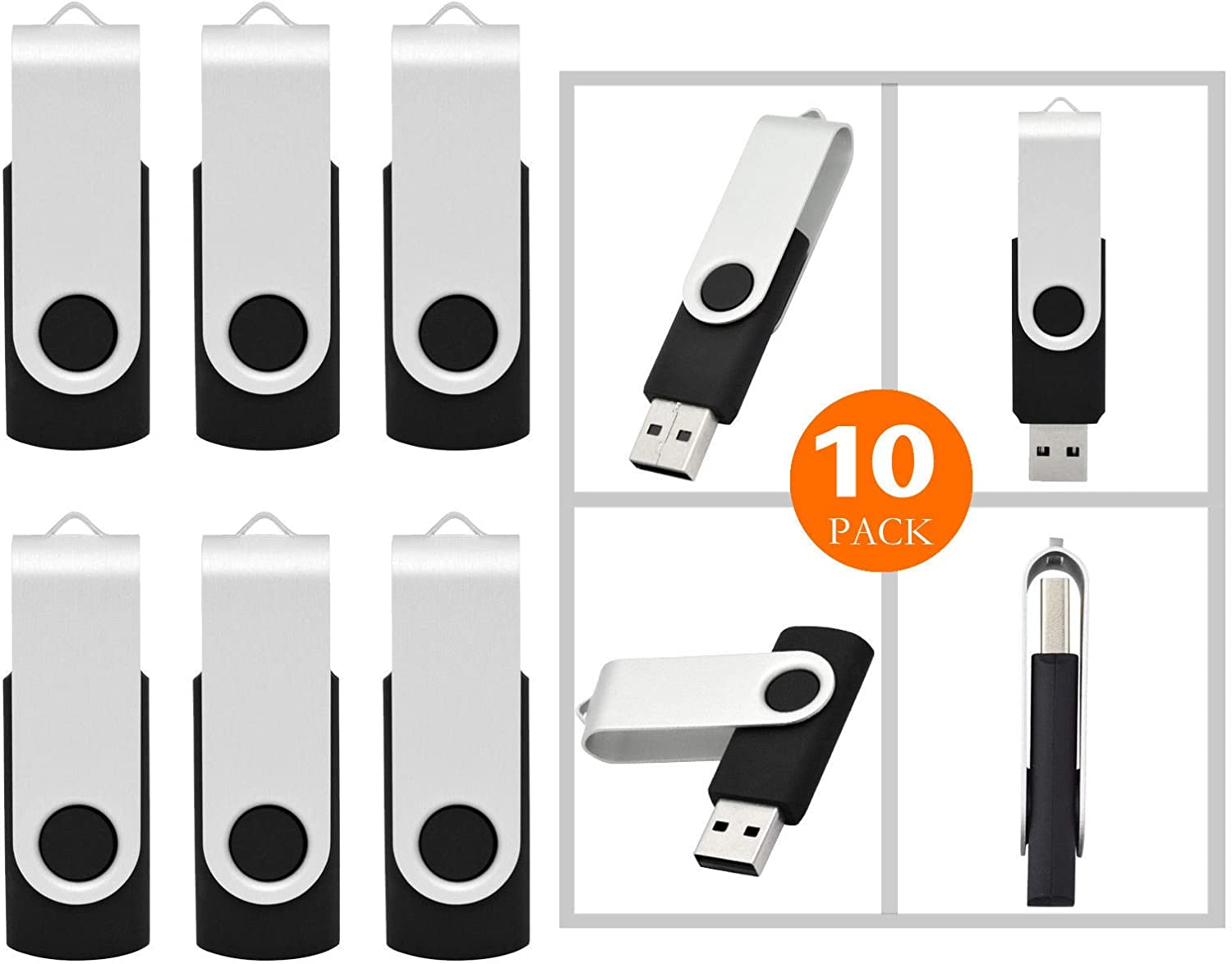 Wholesale 10 Pack 1MB-32GB Bulk Pack USB Flash Drives Swivel Thumb Drive Memory Stick, Black (32GB)