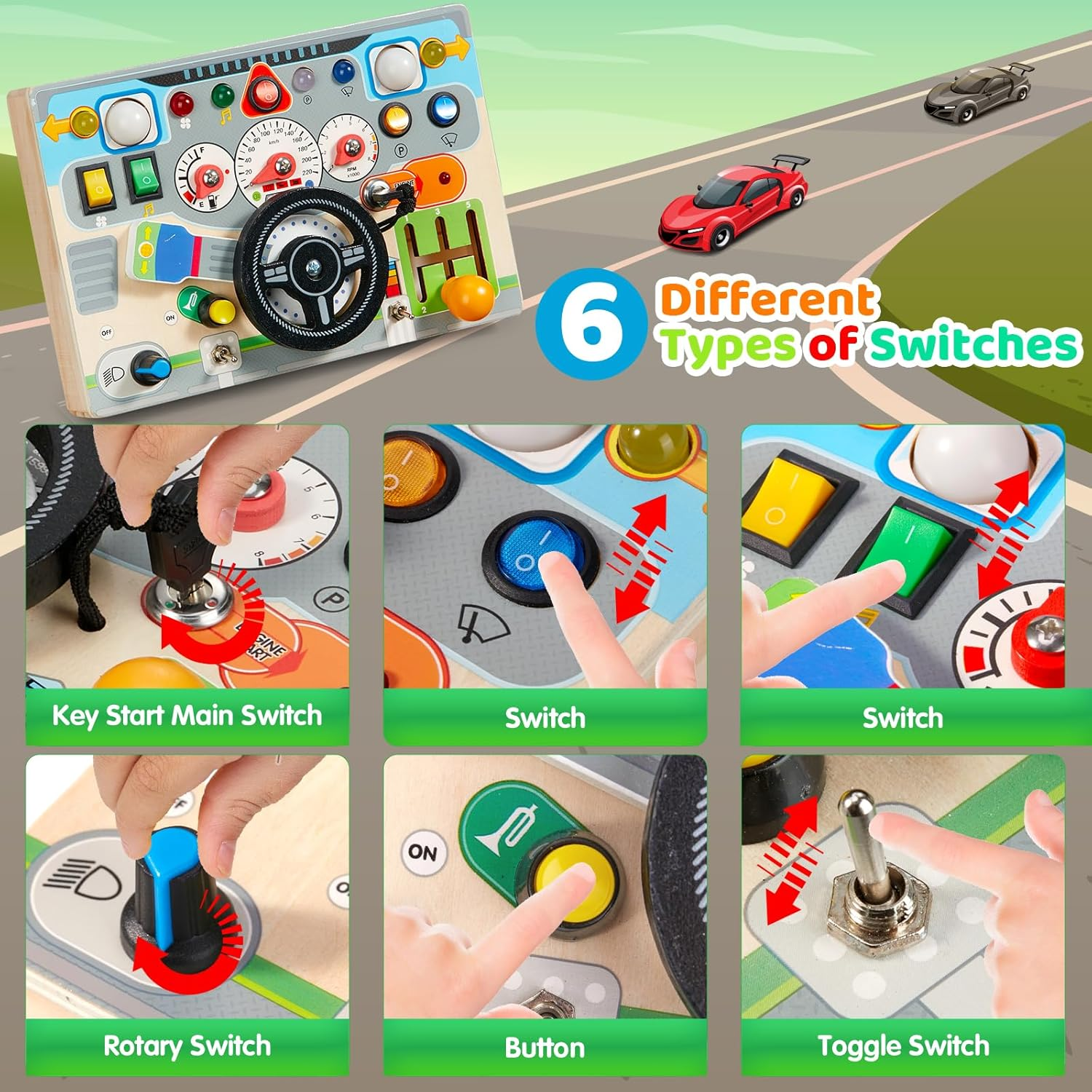 Montessori Busy Board for Toddler 1-3,Baby Wooden Toys with Light Switch & Car Driving Sounds,Early Sensory Activities,Fidget Board Travel Pack for 18 Months,1 2 3 Year Old Boys Girls Gifts image number 1