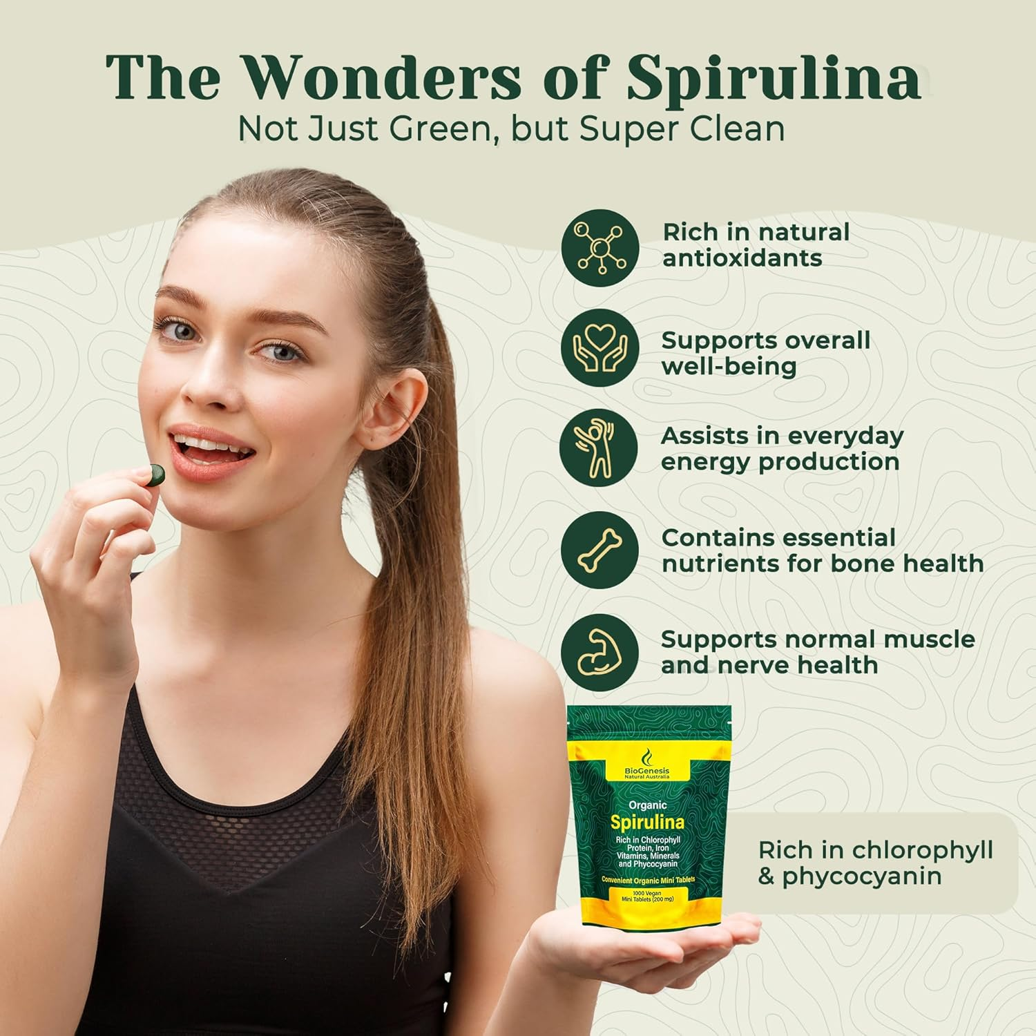 Biogenesis Organic Spirulina Mini Tablets Australia | Vegan Mini Tablets (200 Mg) (1000 Count) image number 2