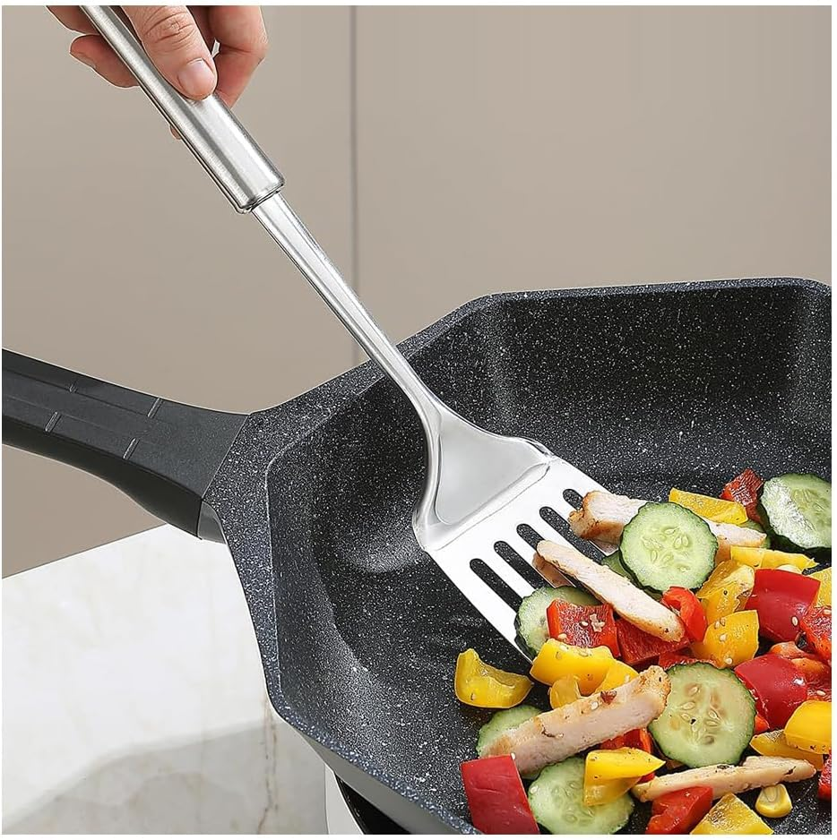 Stainless Steel Spatulas Set,Silver Slotted Turner, Solid Turner,Heavy Duty Sturdy Kitchen Spatula High Heat Resistant, Ideal Cookware,Dishwasher Safe, Easy to Clean (2Pcs) image number 5