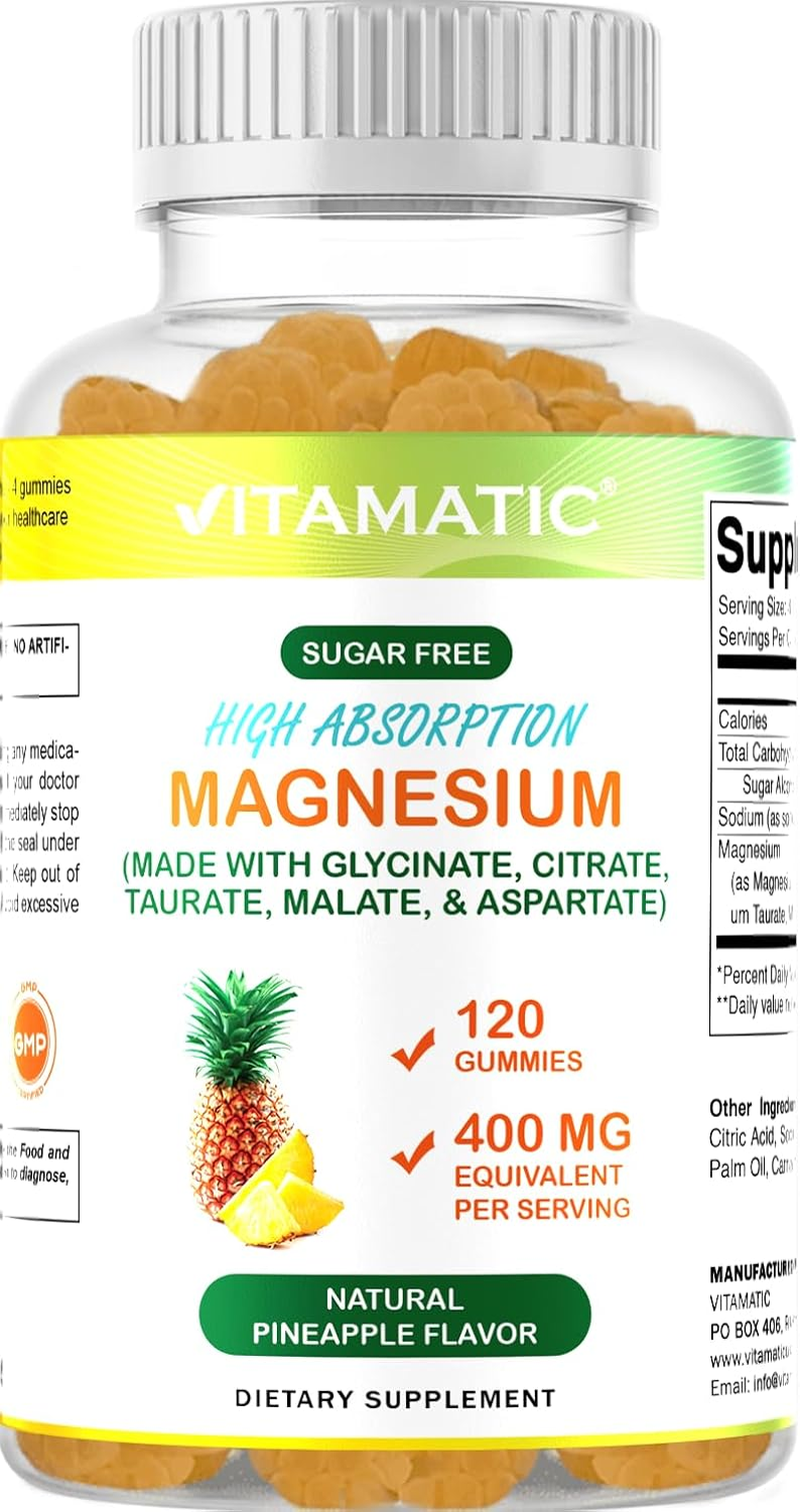 Vitamatic Sugar Free Magnesium Gummies - (MADE with GLYCINATE, CITRATE, TAURATE, MALATE, & ASPARTATE) - 400 Mg per Serving - 120 Gummies - Promotes Healthy Relaxation, Muscle, Bone, & Energy Support image number 4
