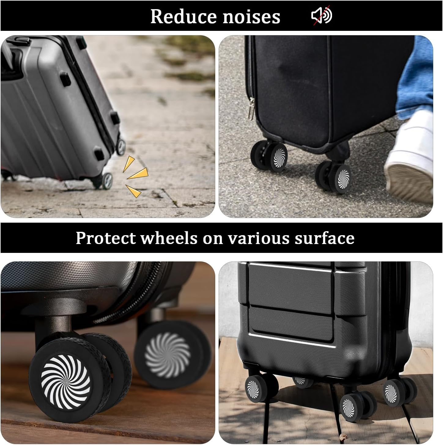 BOXOB 8Pcs Luggage Wheel Protector Covers, 2.05X0.55 Inch Silicone Suitcase Wheel Covers Black White Design Accessories Noise-Proof for Most Adult Children 8-Spinner Wheels Sleeve Suitcase