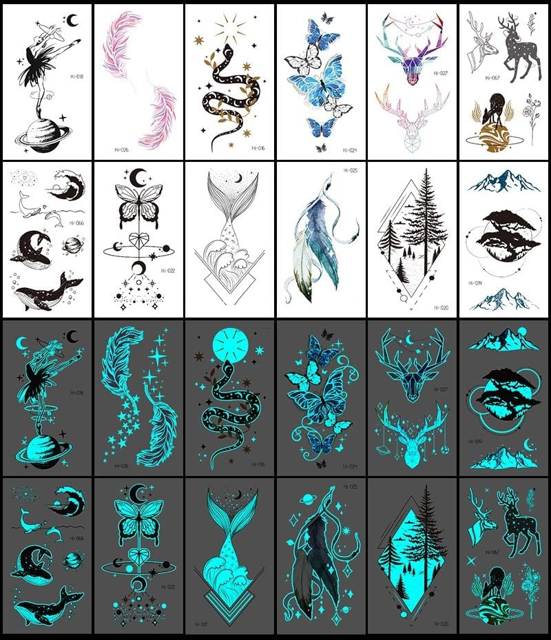 12 Sheets Glow in the Dark Tattoo Sticker Waterproof - Temporary Tattoos - Butterfly Deer Elf Feather Geometric Mermaid Snake Whale - Makeup Body Art Tattoo Sticker Pack for Adults Kids - 10.5X6Cm - Steadyink&reg; image number 4