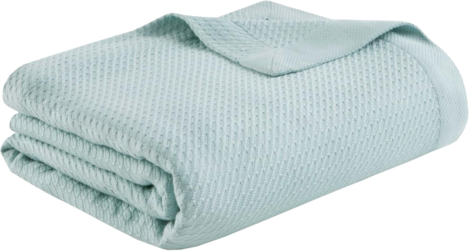 Madison Park Soft Certified 100% Egyptian Cotton Breathable Cozy Blanket, Premium Waffle Knit Classic Design, Luxury All Season Lightweight Cover for Bed, Couch and Sofa, Seafoam Twin(66"X90")