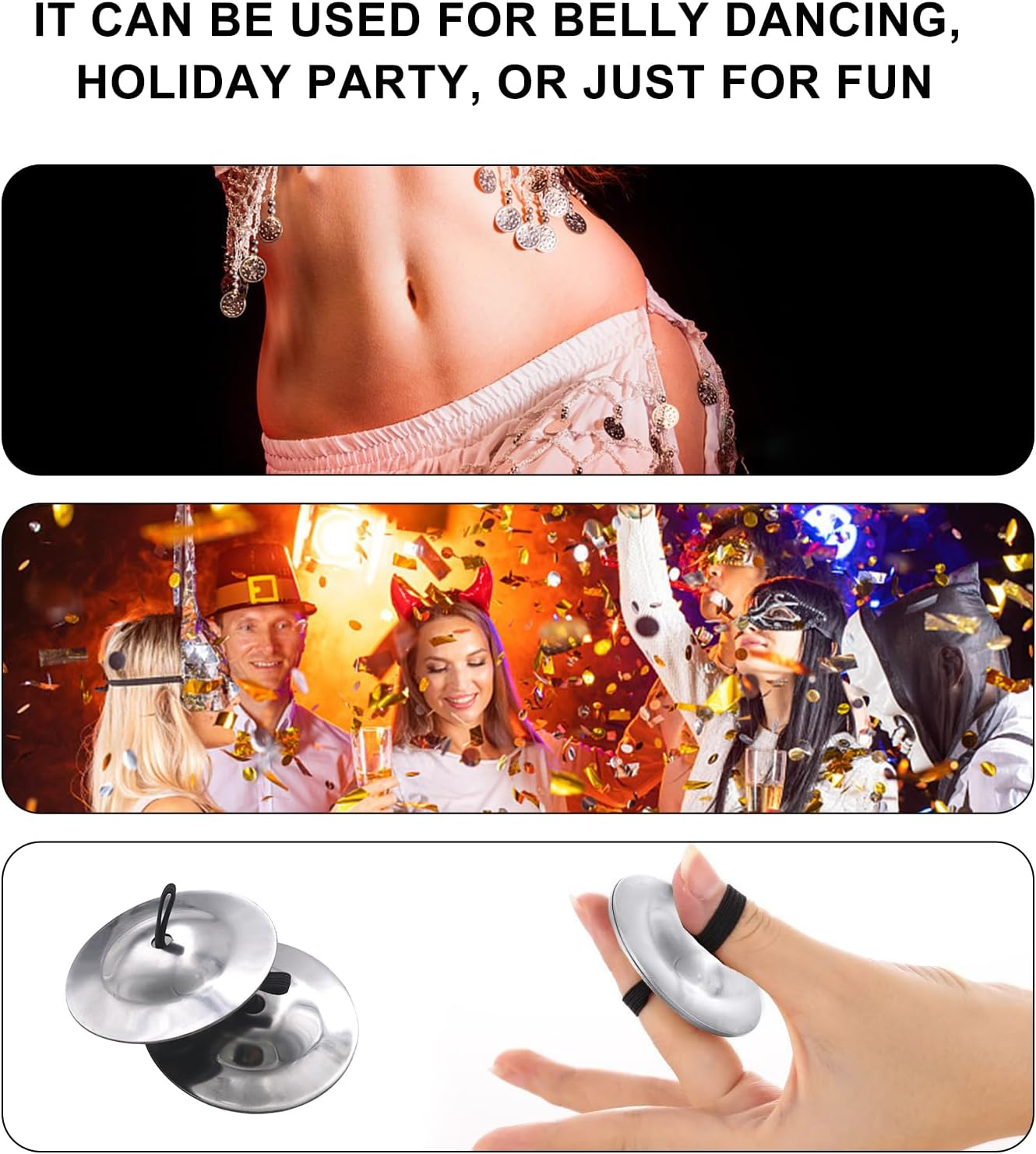 Finger Cymbals, 2Pcs Finger Cymbals Belly Dancing Silver Finger Cymbals Belly Dancing Cymbals Rhythm Beats Percussion Musical Instrument for Dancer Party image number 1