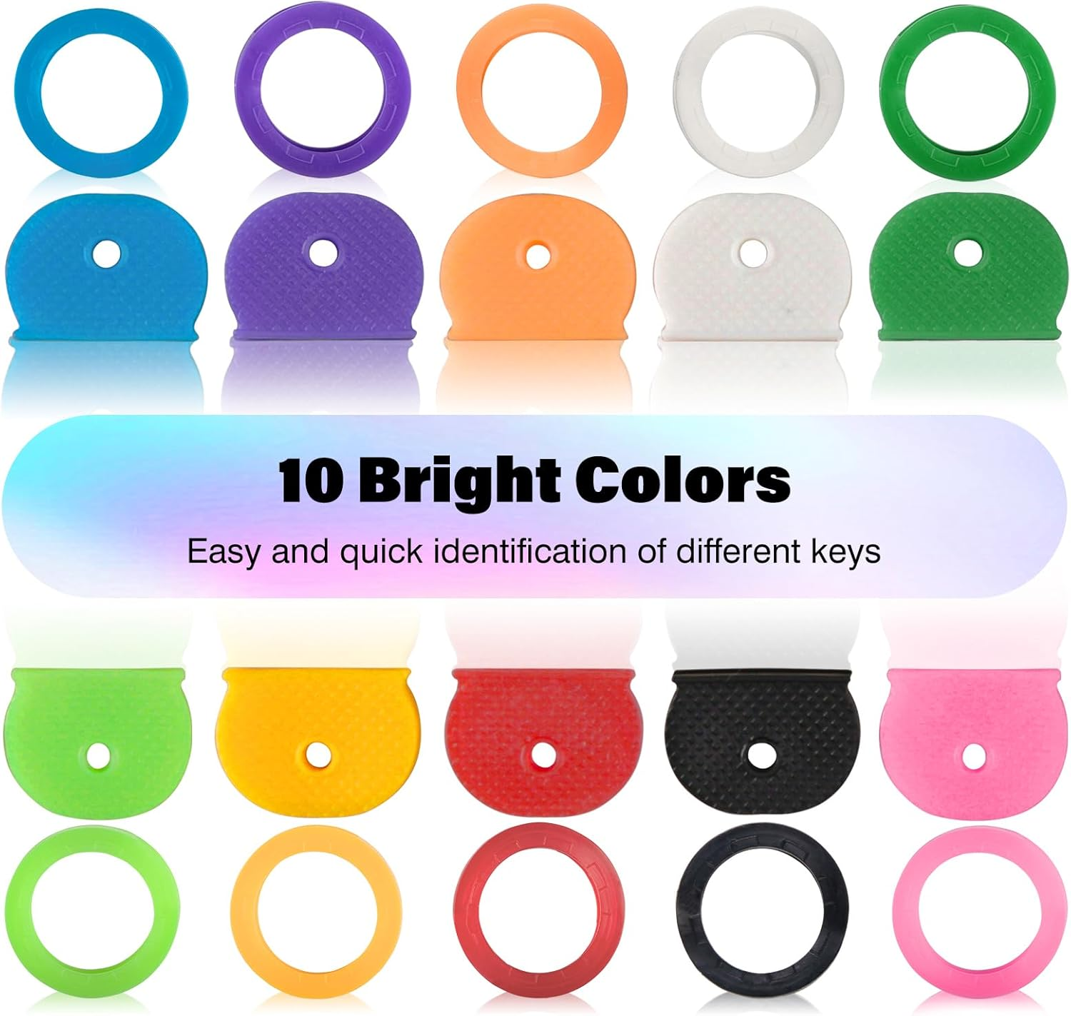 20 Pack Color Caps Covers Tags, Soft Rubber Identifiers, Plastic Toppers for Standard Flat Organization House Keys (Not for Odd-Shaped), 10 Colors, 2 Styles image number 4