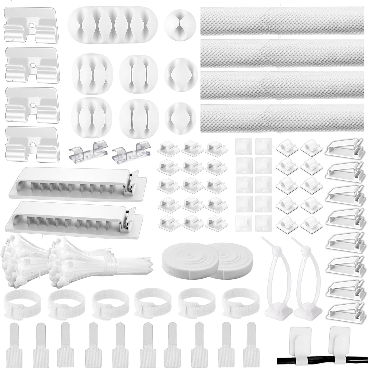 [313 Pcs] Cable Management Kit, 67 Adhesive Cable Clips, Desk Cord Organizer, 22 Reusable Cable Strap, 4 Cable Sleeve Split, 200 Nylon Cable Zip Ties with 20 Mounts for TV Office Home, Black