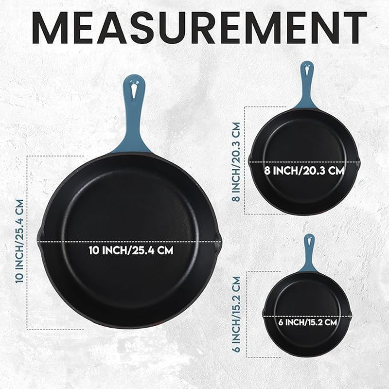 Utopia Kitchen Enameled Cast Iron Skillet Set 3-Piece - 6 Inch, 8 Inch and 10 Cookware Set- Pan for Outdoor Camping, Oven Use & Stovetop Teal UK0224 image number 3