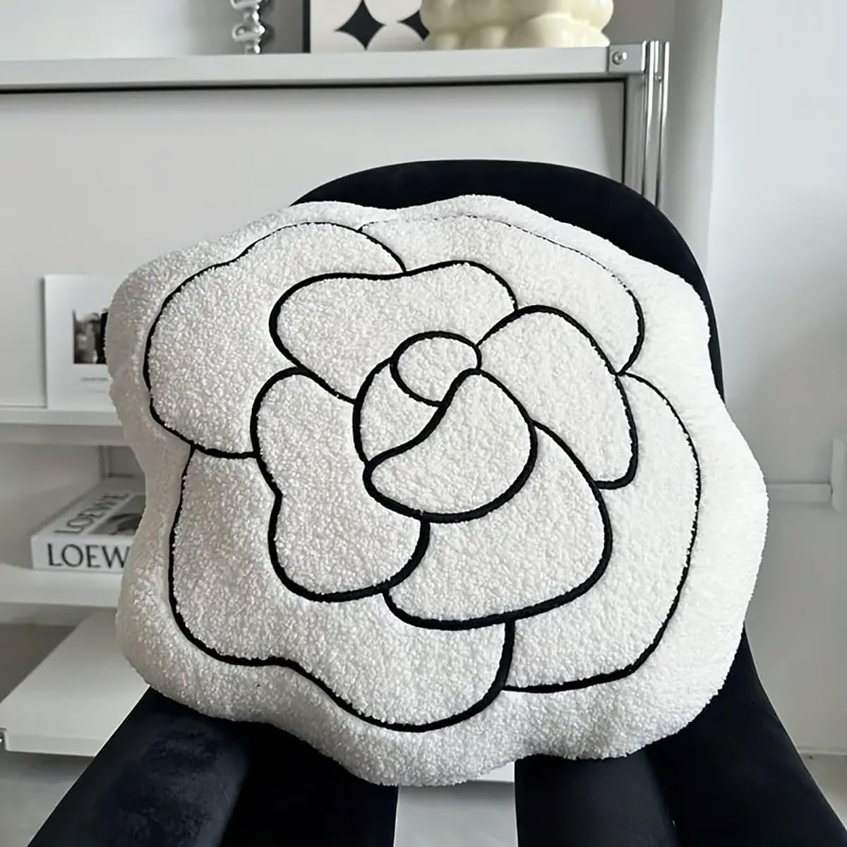AIMALL Camellia Floral Knit Throw Pillow, 17.7" Casual Black & White Cushion, Decorative French Style Soft Accent for Home Decor - Black image number 5