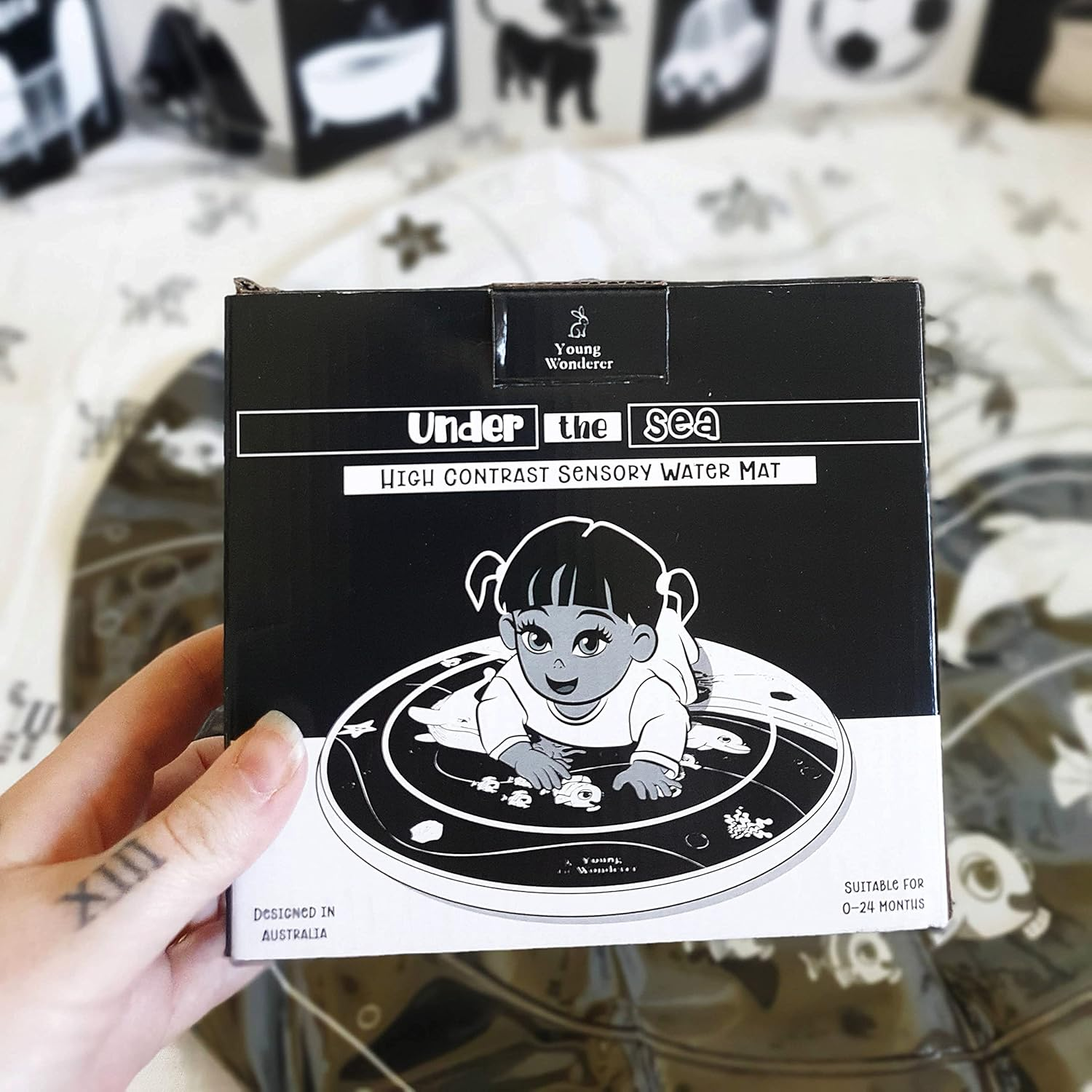 Under the Sea High Contrast Black and White Sensory Baby Water Mat, Baby Tummy Time Mat, Tummy Time Toy, image number 2