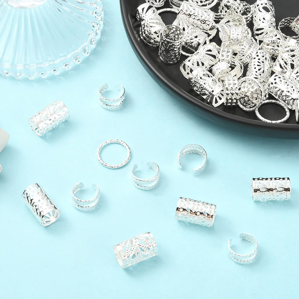 SUNNYCLUE Pack of 200 5 Styles Dreadlocks Beads Metal Cuffs Hair Braid Beads Silver Dreadlocks Braid Ring Coil Clips Adjustable Non-Penetrating Ear Cuffs round Tube Jewellery for Hair Braids Z image number 5