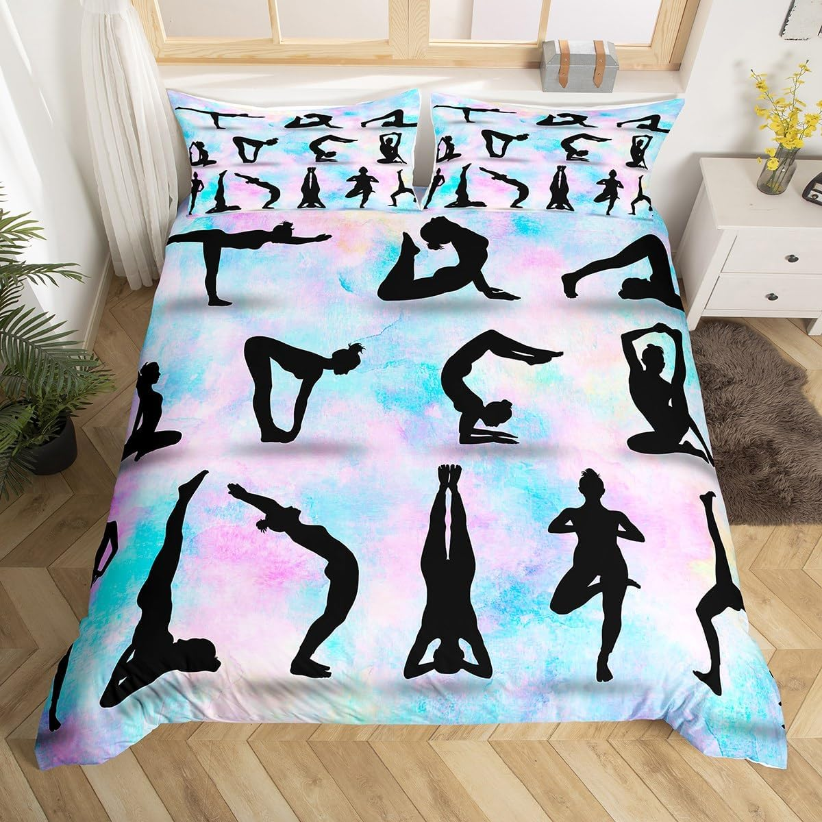 Gymnastic Silhouette Duvet Cover Set S Size, Yoga Dance Lovers Bedding Set Children Girls Women Room Decor, Rainbow Watercolour Comforter Cover Gymnastics Sports Quilt Cover, 1 Pillowcase image number 1