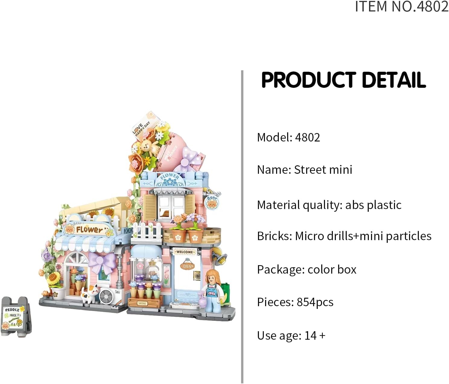 Toymart Mini Flower Shop Building Set &ndash; 854 Pieces DIY Street View Kit, Pastel Floral Block House with Figures, Creative Display Gift Collectible Mini Blocks