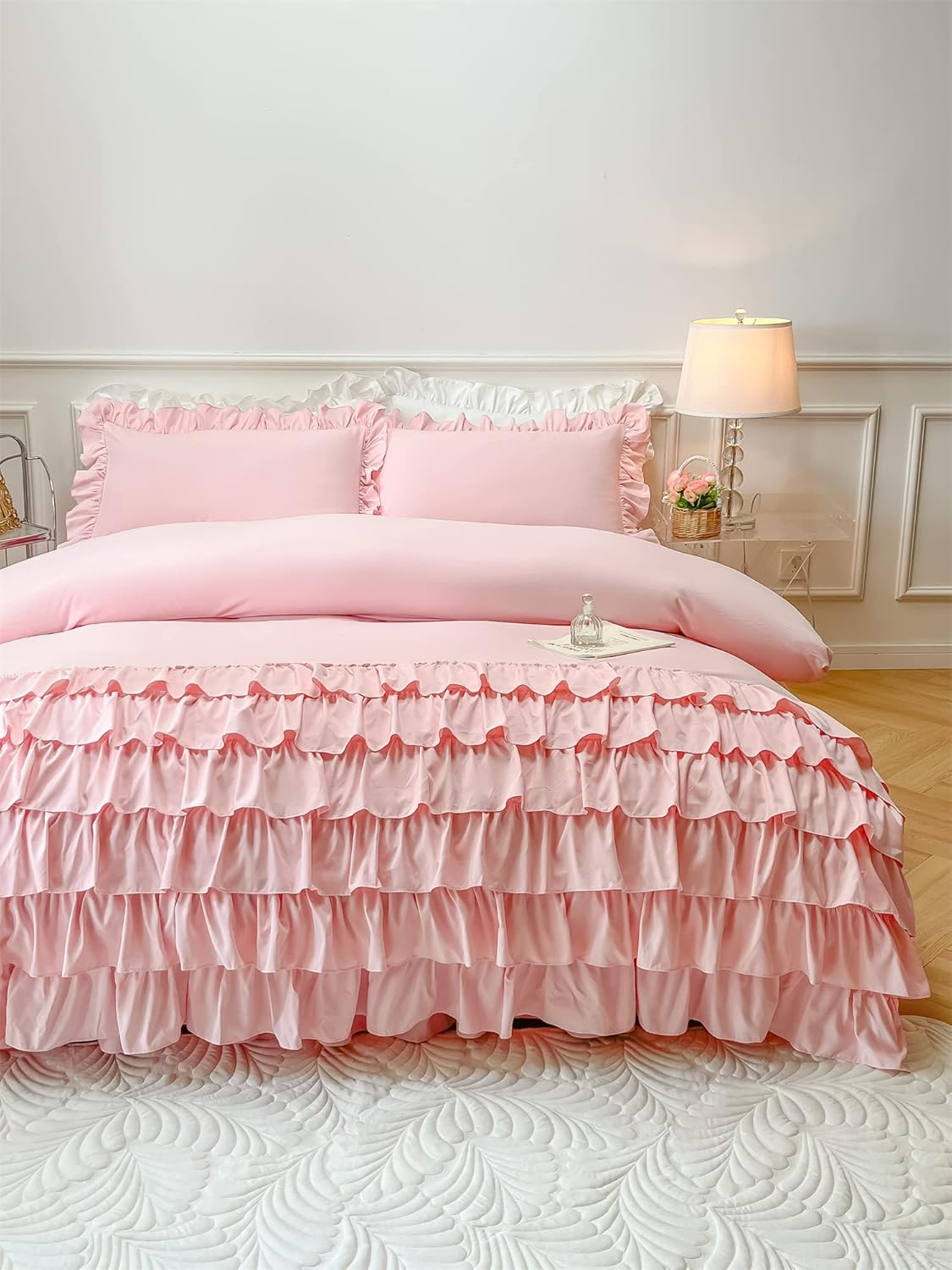 MOOWOO Girls Bedding,Waterfall Ruffle Duvet Cover -Full 3 Piece Shabby Chic Bedding Solid Color Soft and Breathable with Zipper Closure,Corner Ties,Aesthetic Bedding-Pink,Full