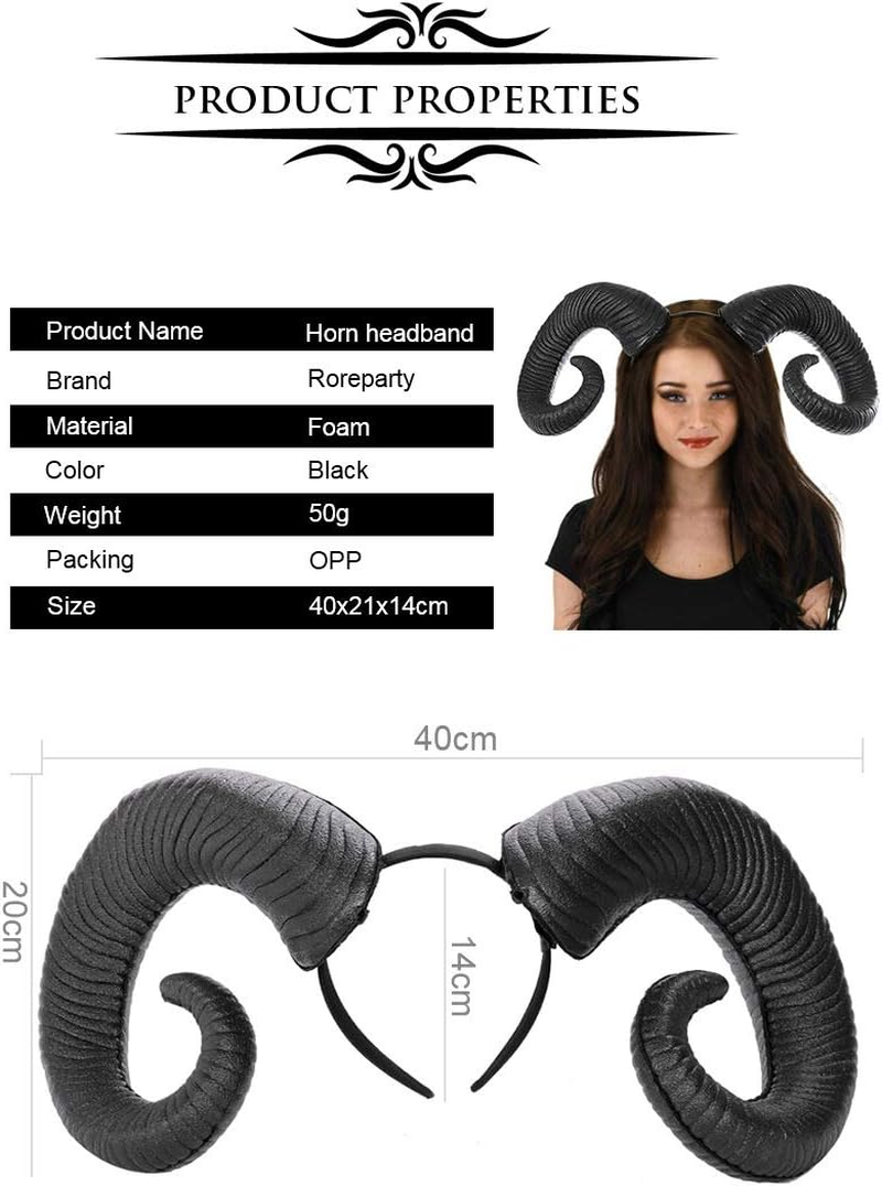 Gothic Black Horn Halloween Costume for Men Women Ram Sheep Horn Headband Hoop Cosplay Devil Horn Headwear Hair Band image number 6